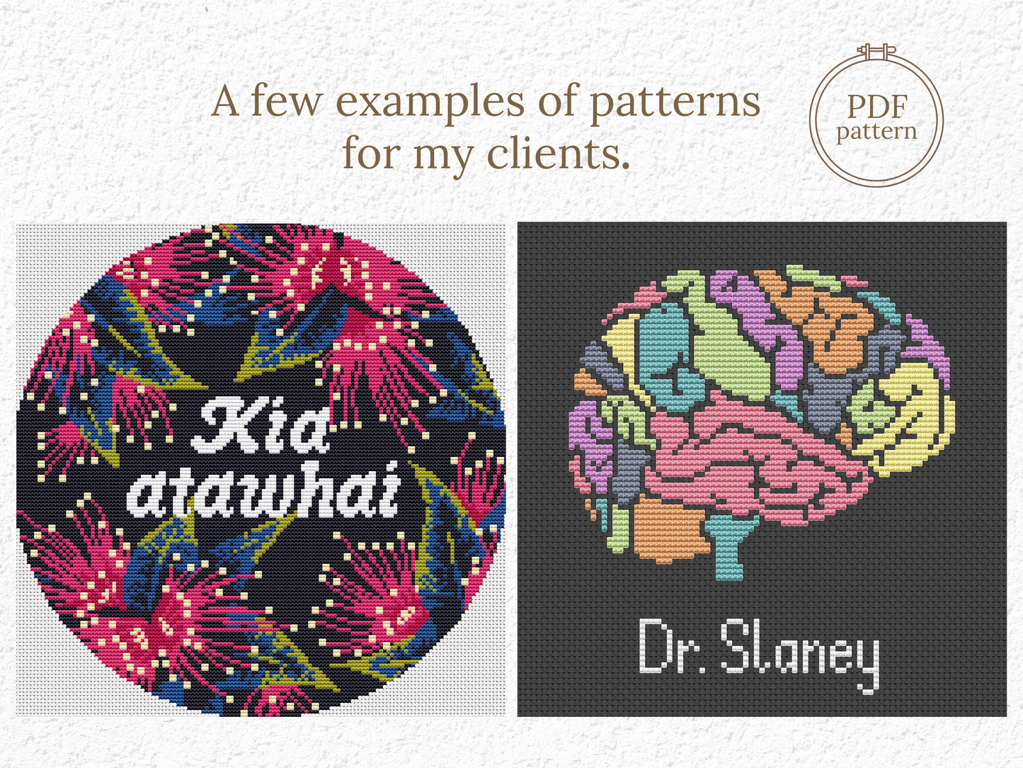 Examples of custom cross stitch patterns made for clients – personalized PDF designs