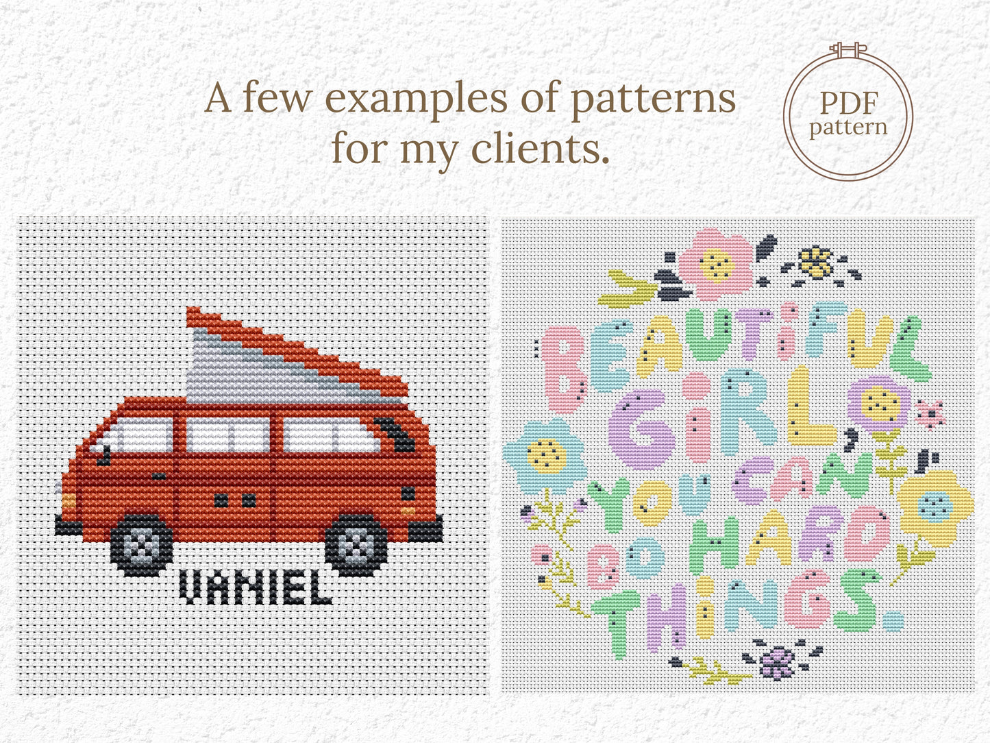 Examples of custom cross stitch patterns made for clients – personalized PDF designs