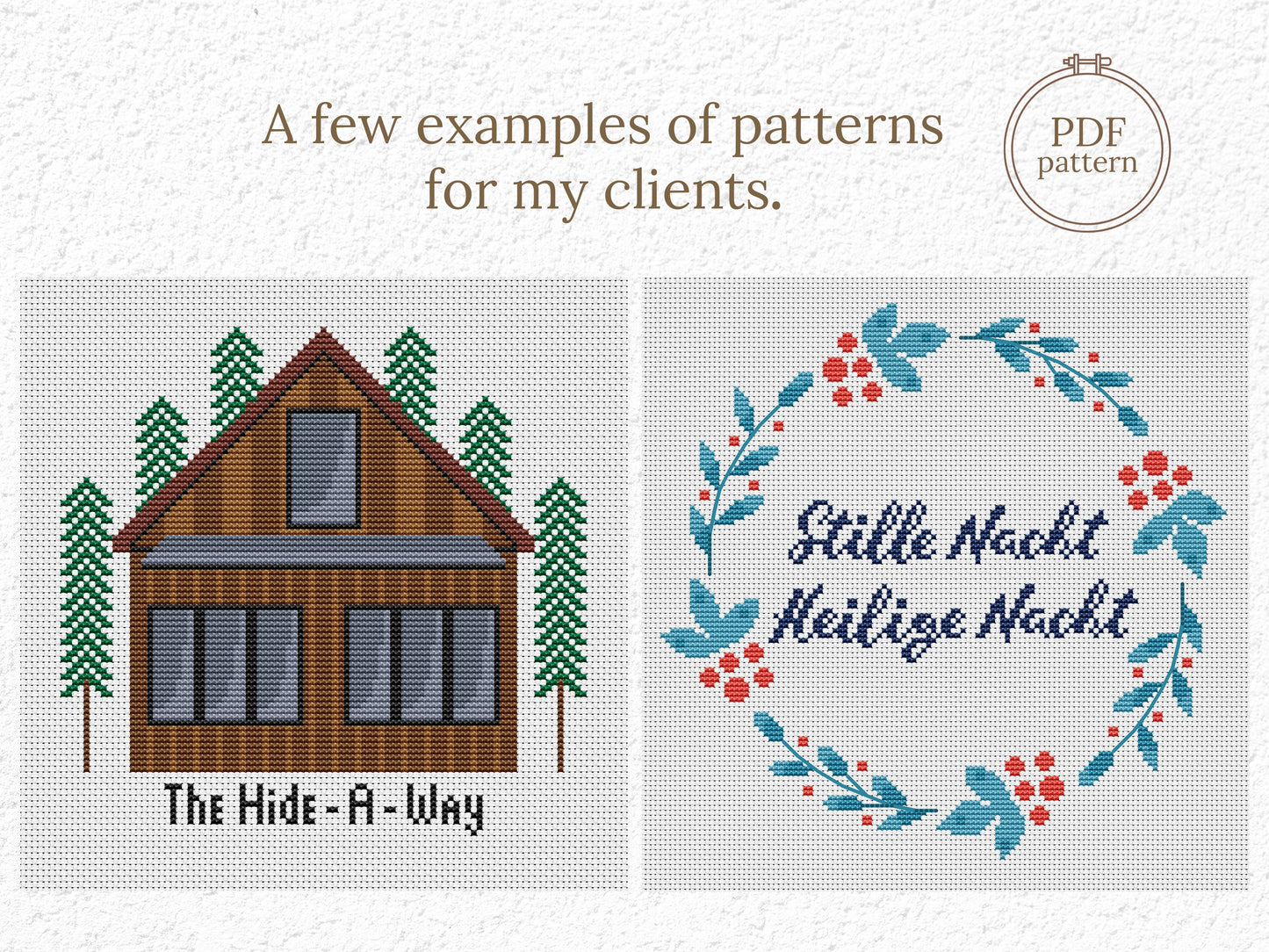 Examples of custom cross stitch patterns made for clients – personalized PDF designs