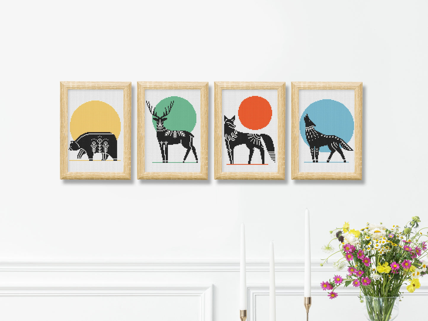 Scandinavian Animals cross stitch patterns - set of 4 - bear, deer, fox and wolf.