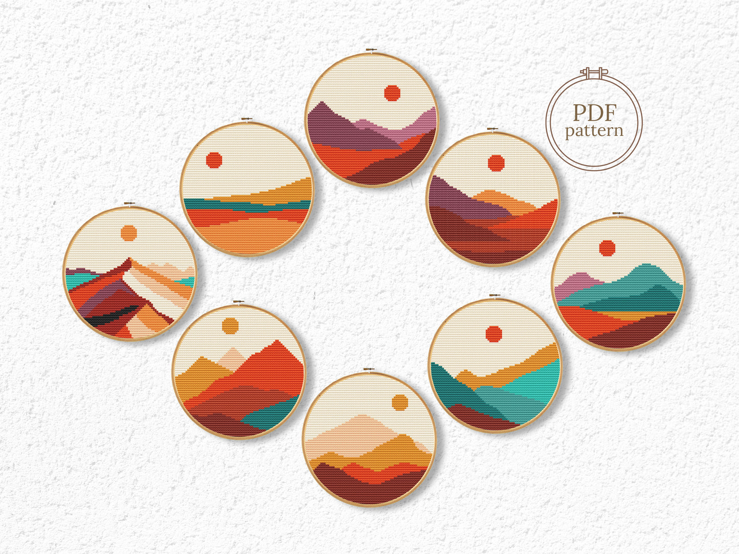 Set of 8 colorful mountain and sun landscape cross stitch patterns – modern nature embroidery bundle in PDF format for wall art and decor