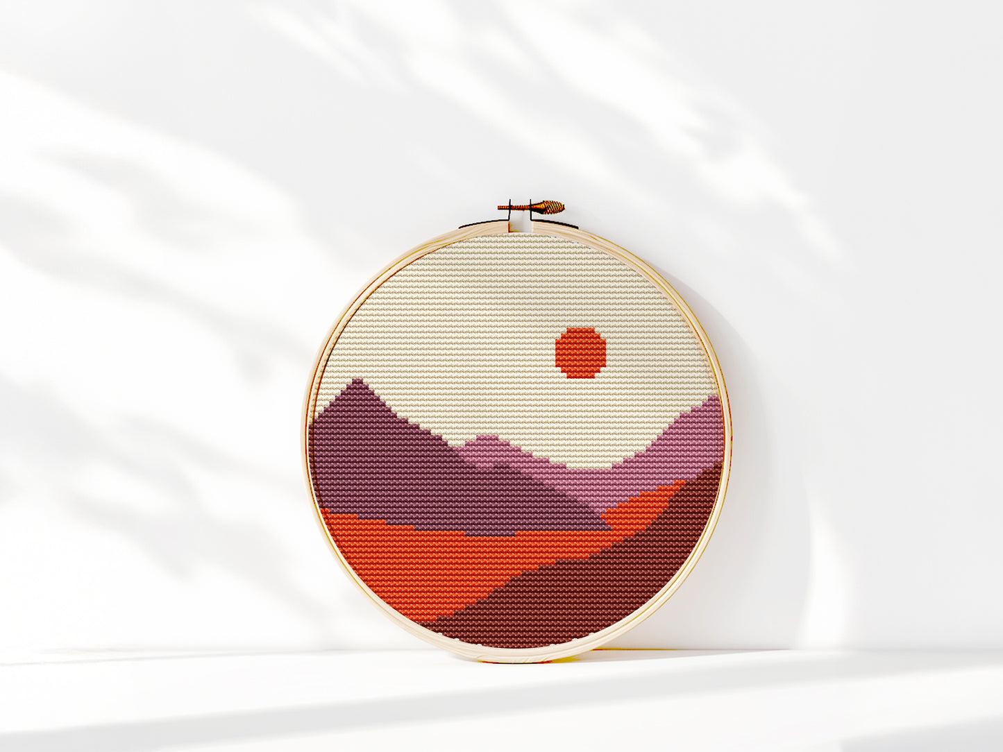 Set of 8 colorful mountain and sun landscape cross stitch patterns – modern nature embroidery bundle in PDF format for wall art and decor
