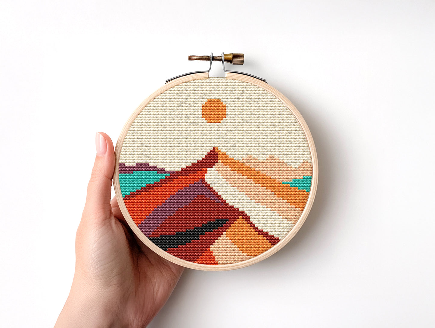 Set of 8 colorful mountain and sun landscape cross stitch patterns – modern nature embroidery bundle in PDF format for wall art and decor