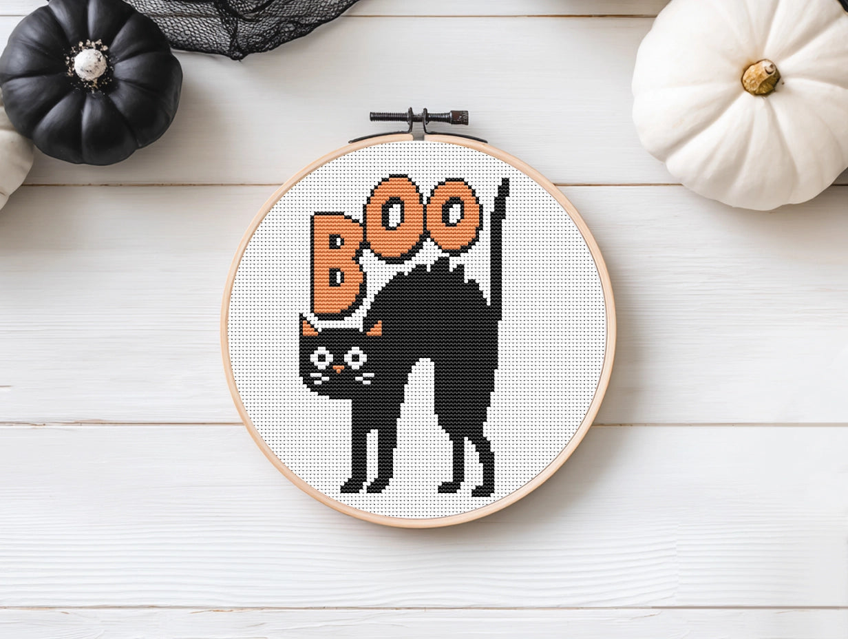 Boo Halloween cat cross stitch pattern, spooky cute embroidery design