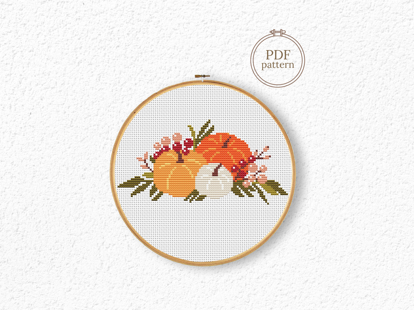 Cozy autumn cross stitch pattern with pumpkins and rustic bouquet, fall PDF design