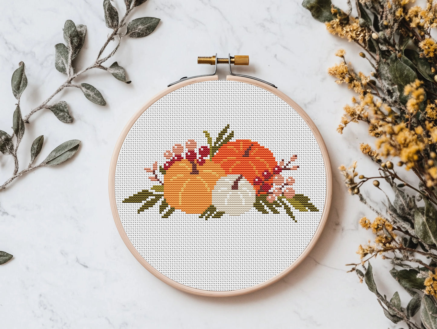 Cozy autumn cross stitch pattern with pumpkins and rustic bouquet, fall PDF design