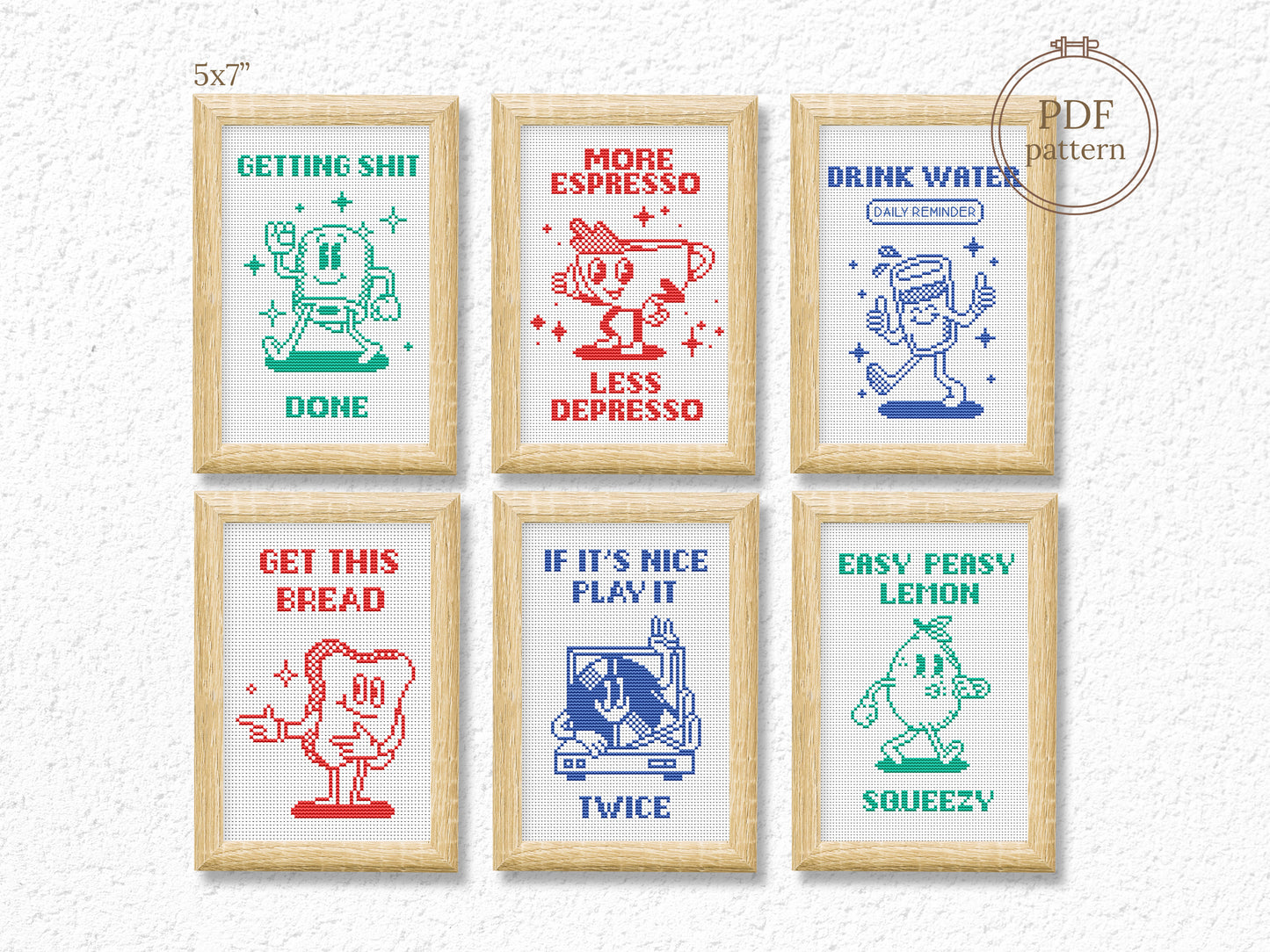 Set of 6 funny motivational cross stitch patterns – modern quote PDF charts for minimalist home decor and wall art