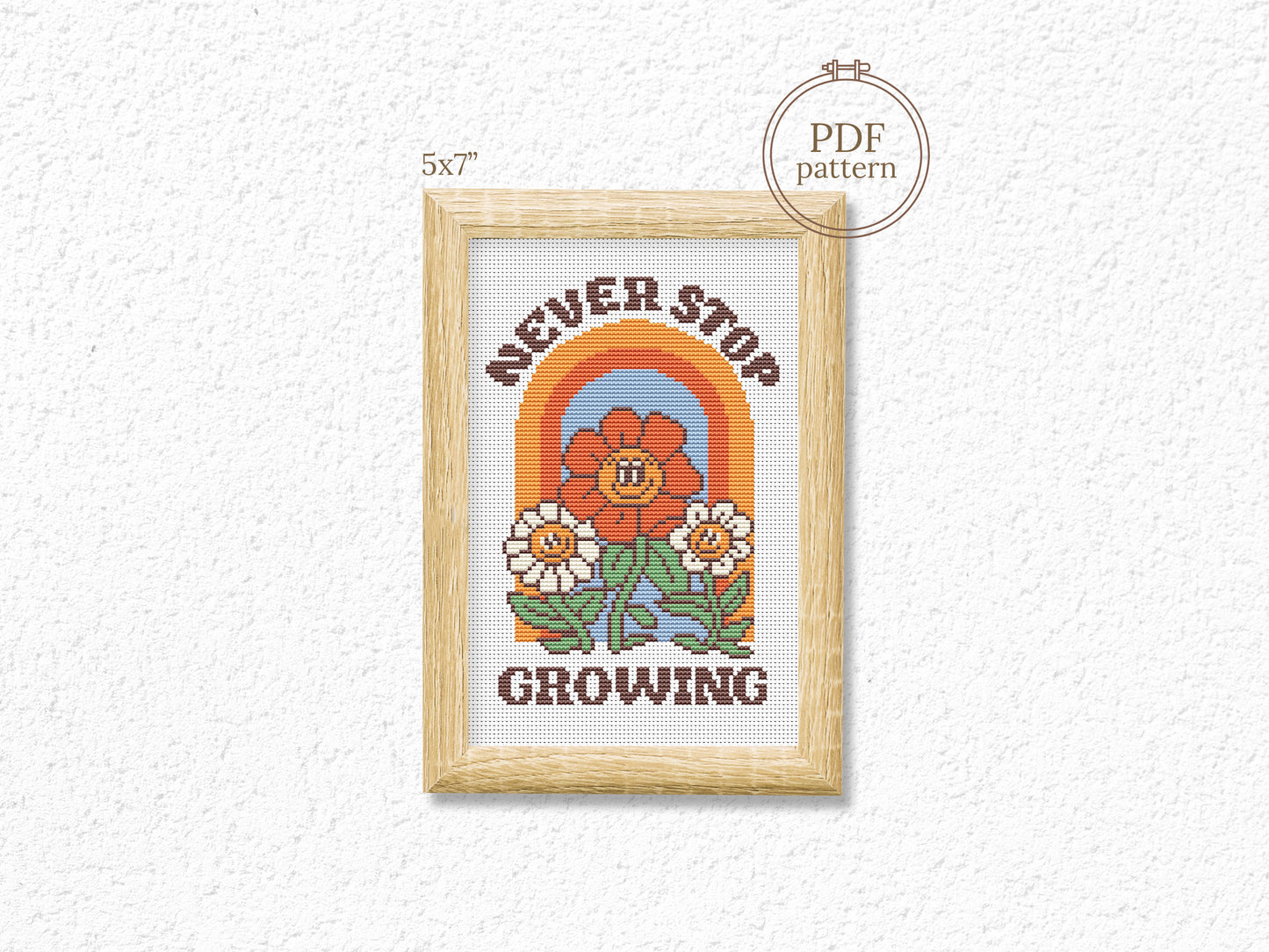 Never Stop Growing cartoon quote cross stitch pattern with retro colors – PDF download.