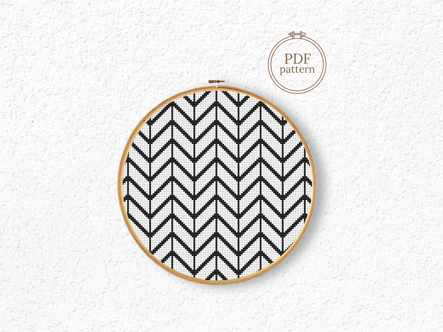 Minimal Scandinavian geometric cross stitch pattern in black and white, modern PDF embroidery design