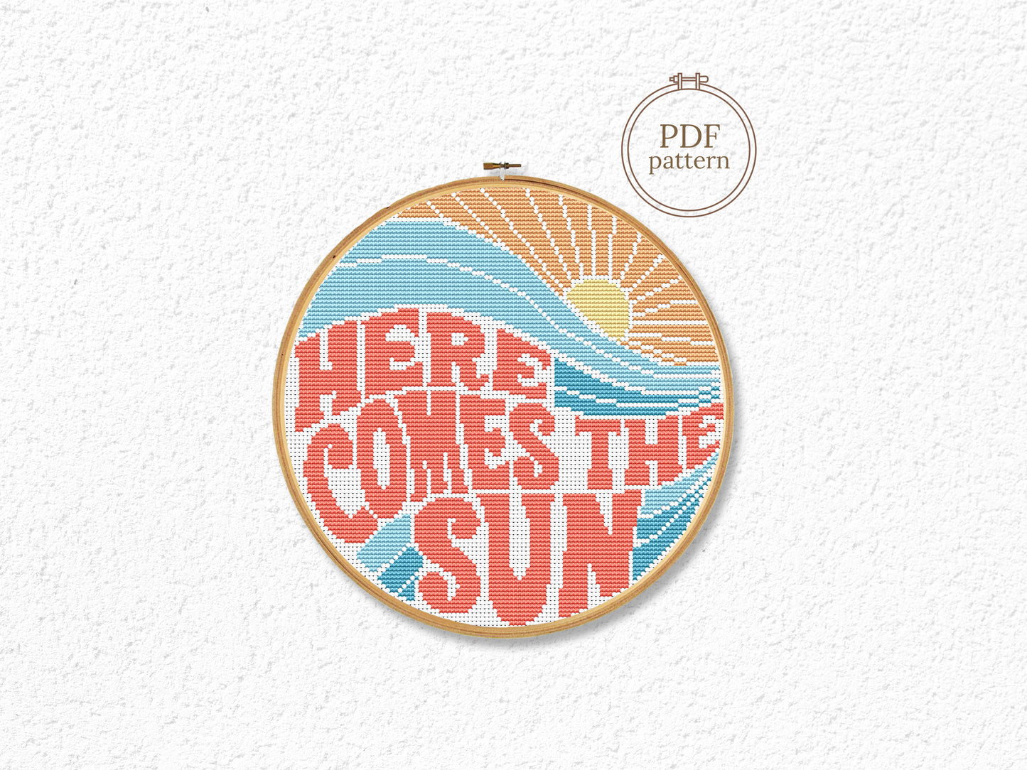 Here Comes the Sun cross stitch pattern – retro summer beach quote PDF