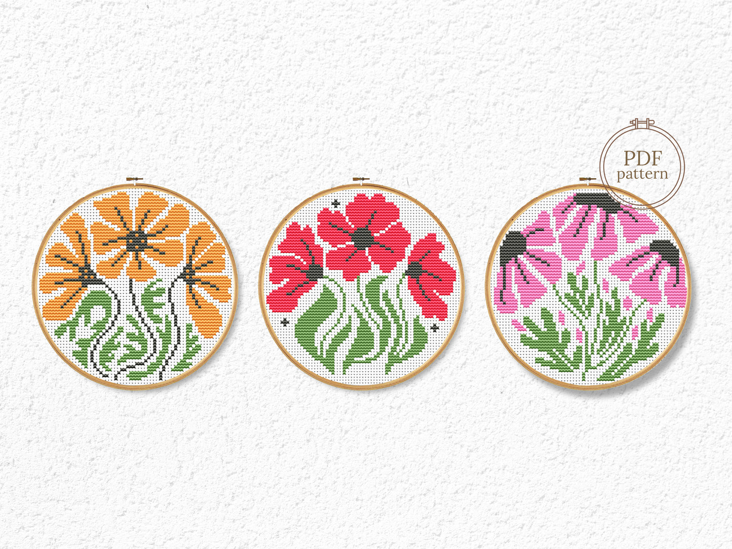 Modern floral cross stitch pattern set – 3 PDF flower hoop charts for beginners, minimalist botanical embroidery