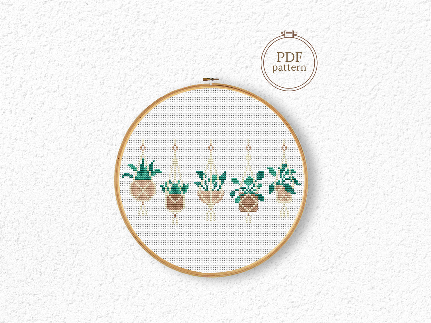 Boho cross stitch pattern with home plants in pots, decorative and stylish design