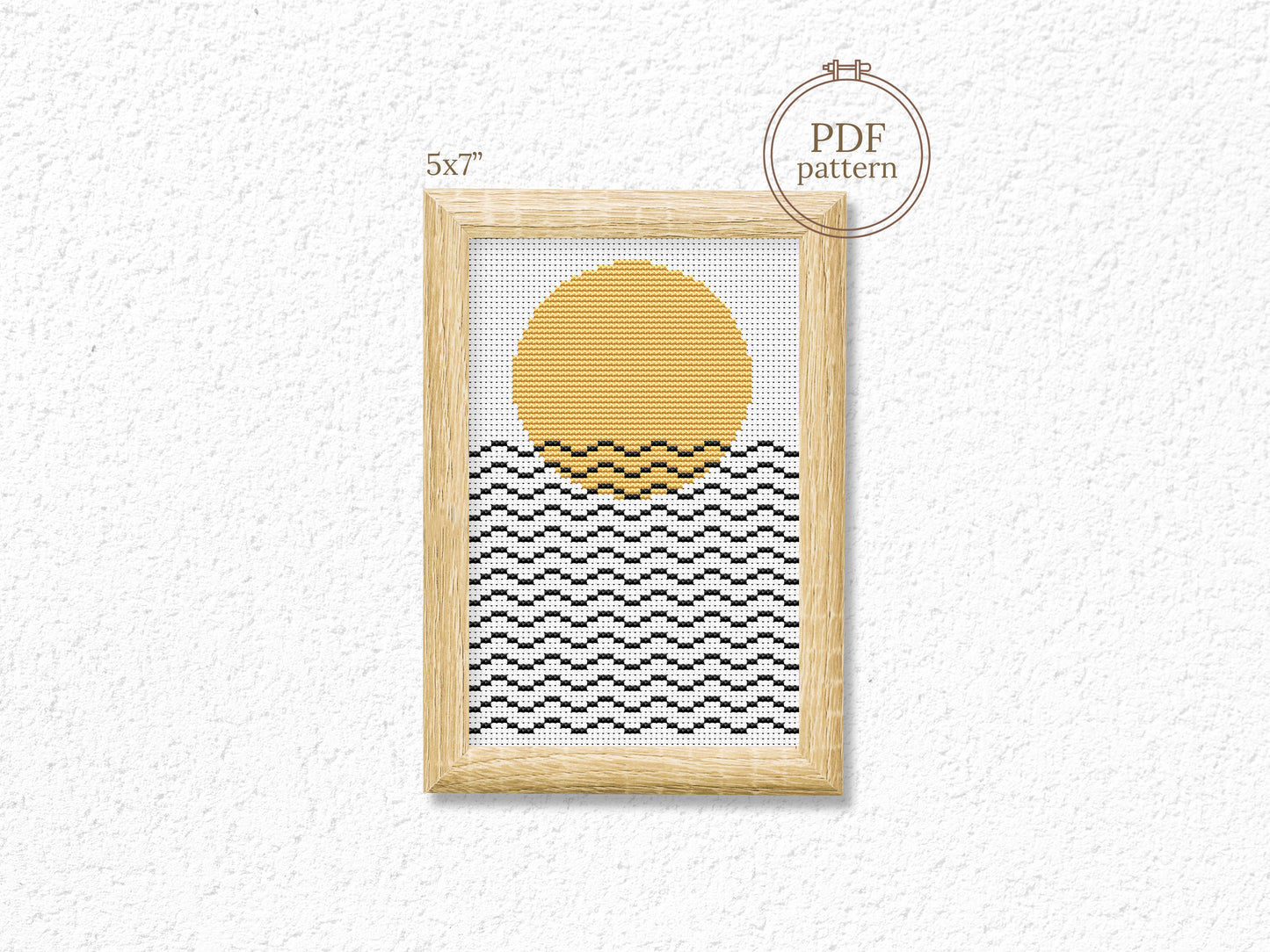 Abstract cross stitch pattern with geometric sun and sea lines – modern minimalist embroidery PDF