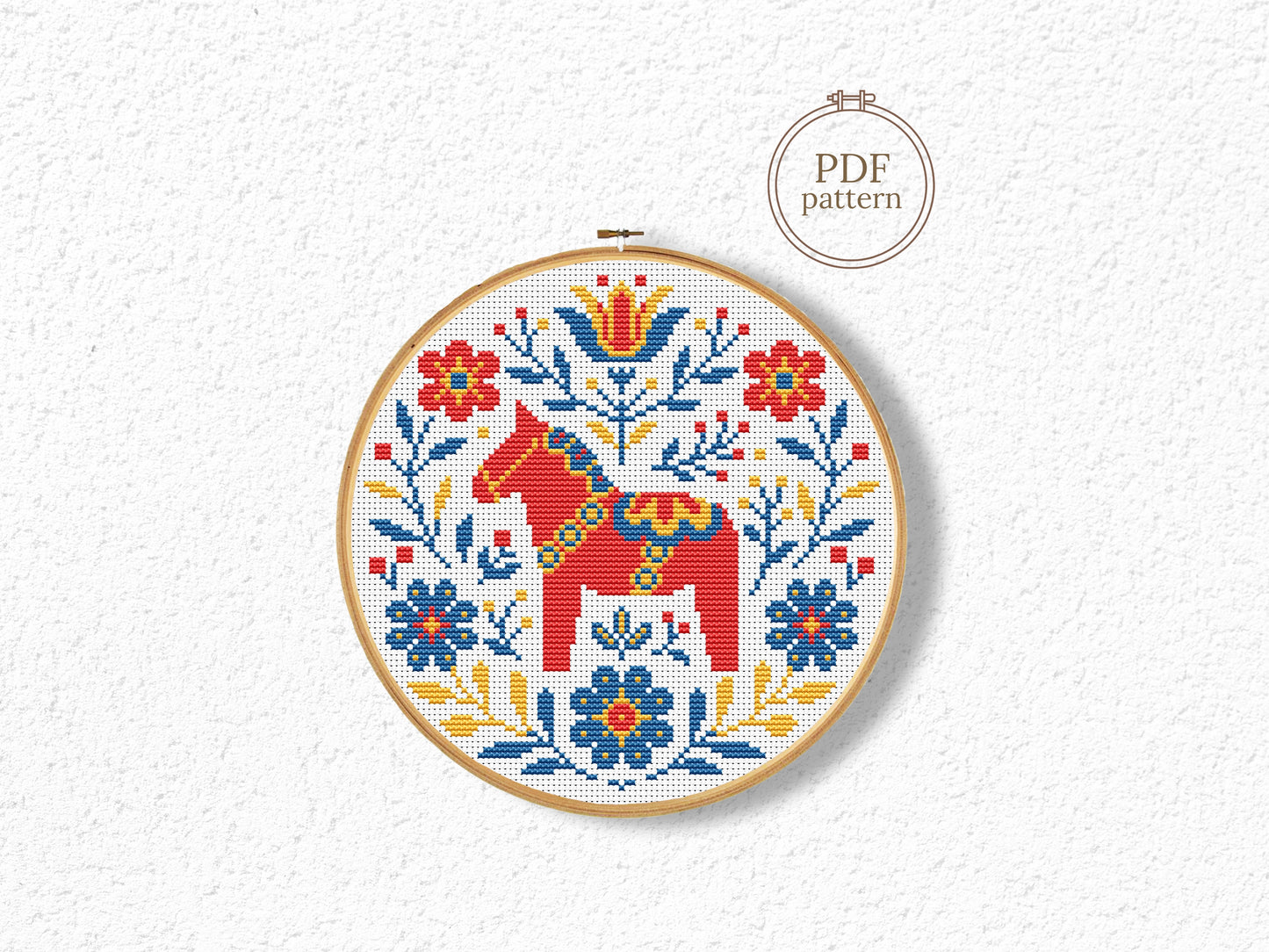 Nordic horse cross stitch pattern, Scandinavian folk embroidery design