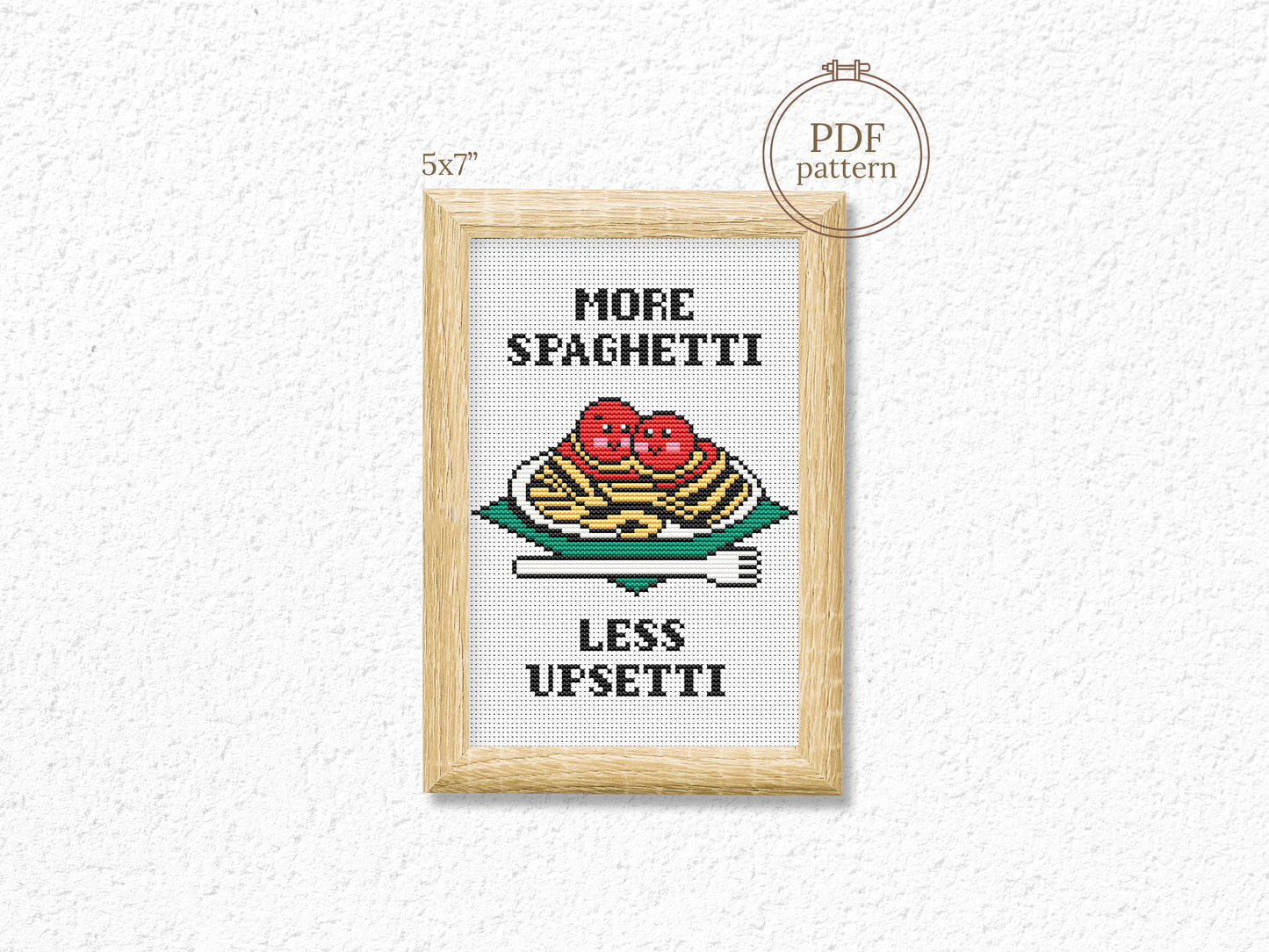 More Spaghetti Less Upsetti cross stitch pattern – funny kitchen quote embroidery PDF for modern food decor