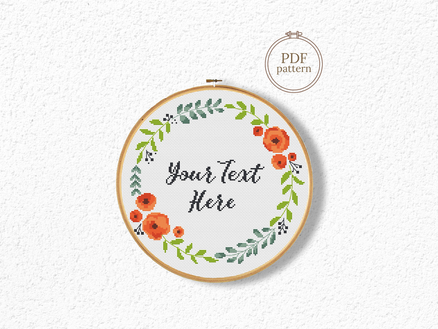 Custom cross stitch pattern with red floral wreath and personalized text placeholder - customizable PDF design