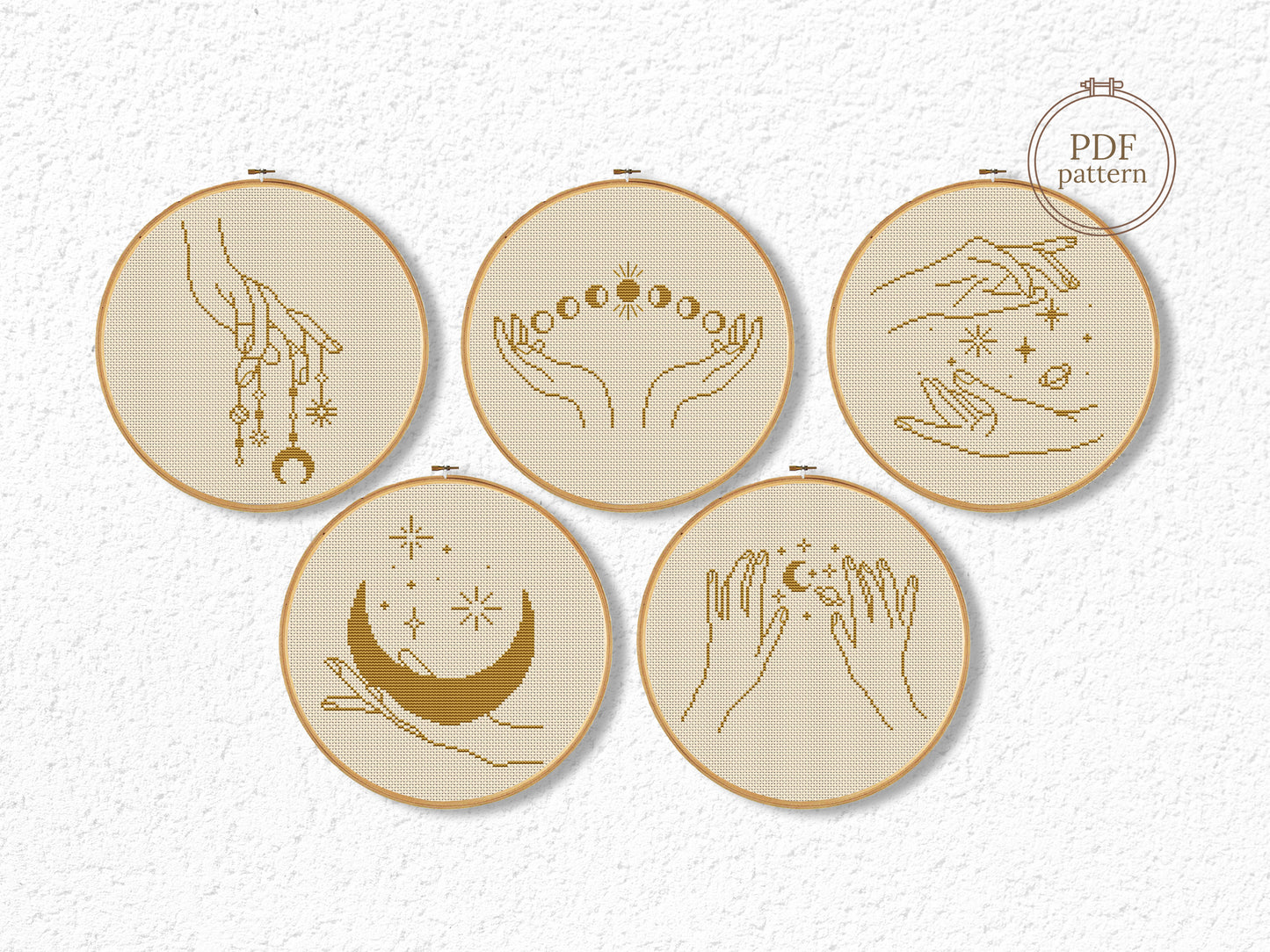 Celestial cross stitch PDF set with mystical moon, stars, hands, and sacred symbols – digital embroidery design