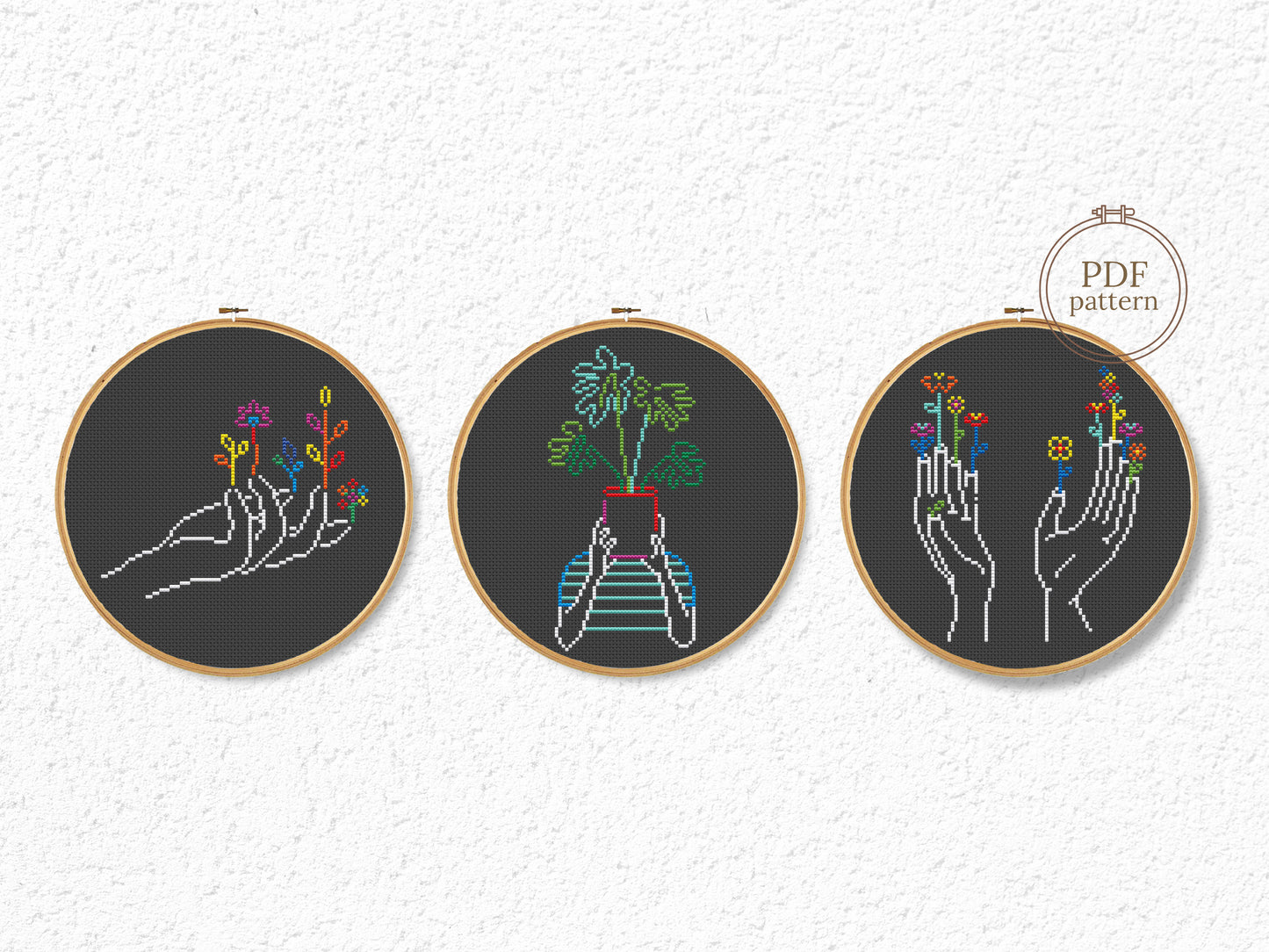 hands silhouette cross stitch pattern, floral embroidery on black canvas, modern minimalist design, set of 3 PDF charts