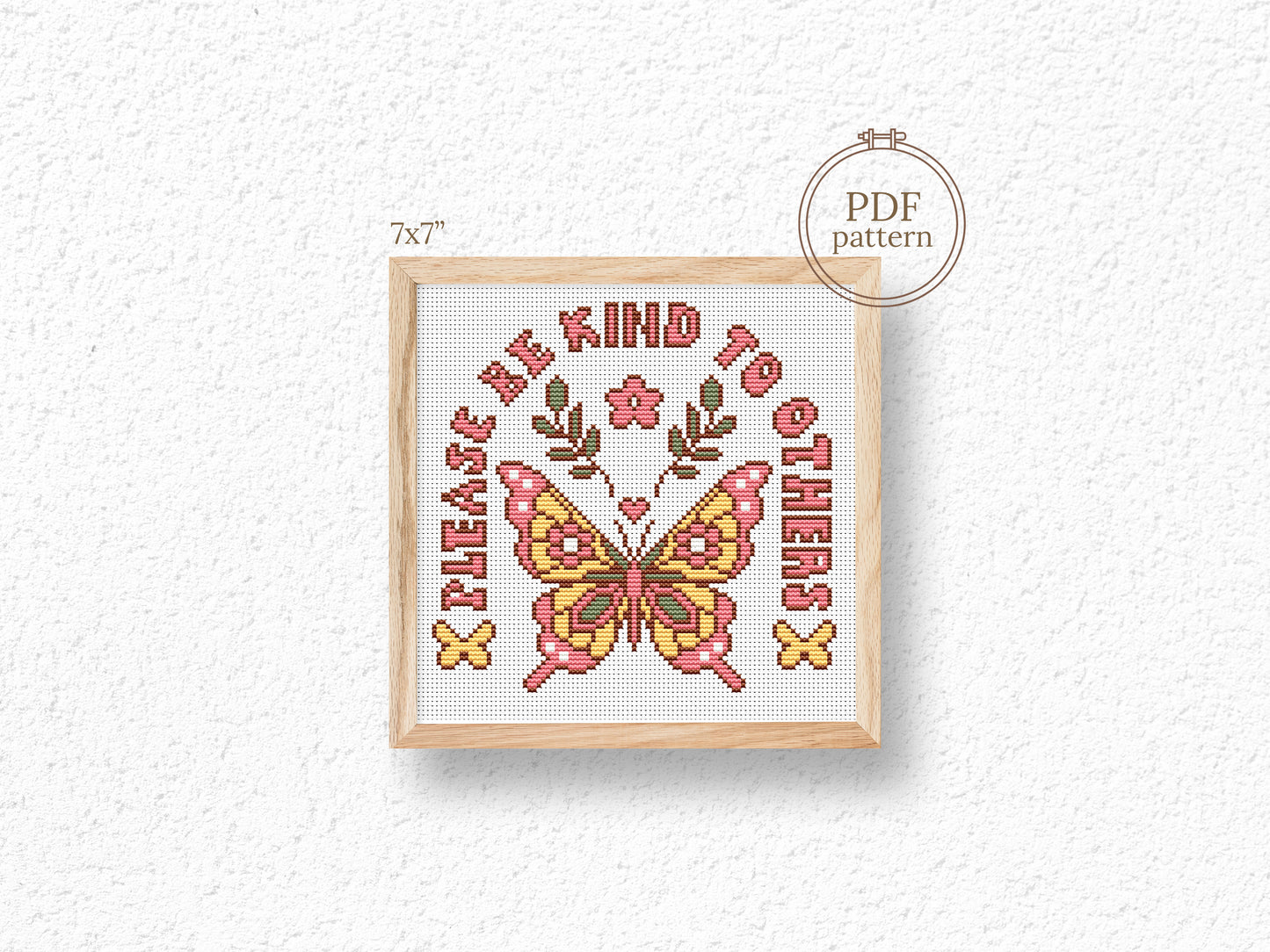 Retro butterfly cross stitch pattern with "Please Be Kind to Others" quote – vintage style PDF embroidery chart