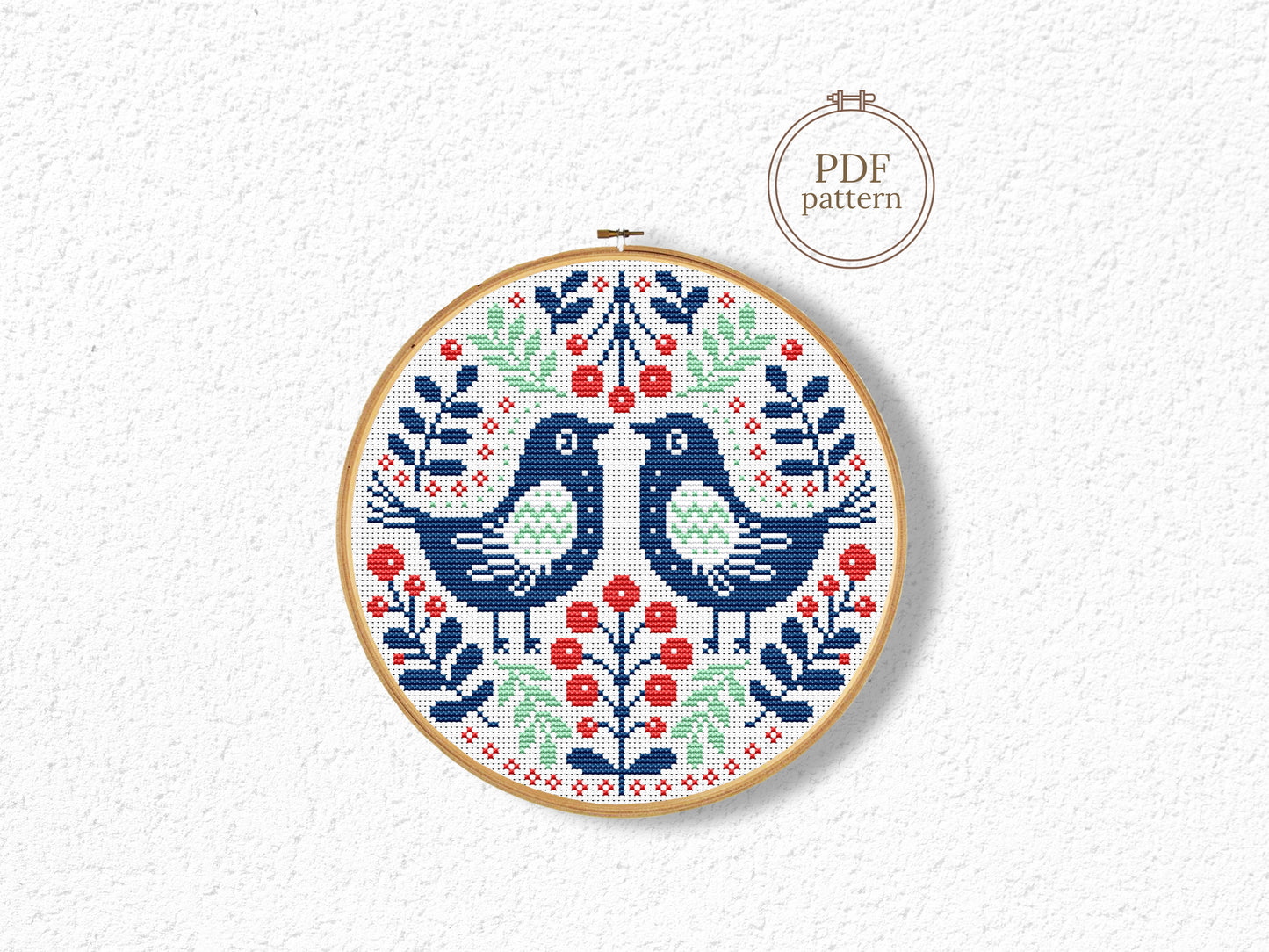 Nordic folk birds in ornaments cross stitch pattern, Scandinavian embroidery design