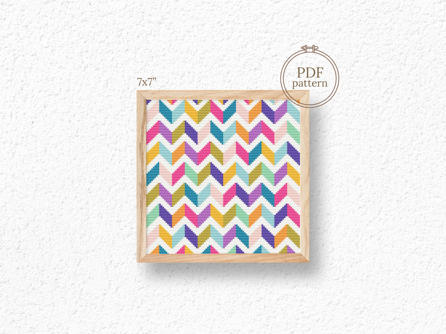 Geometric chevron cross stitch pattern – colorful modern PDF embroidery design for abstract wall decor