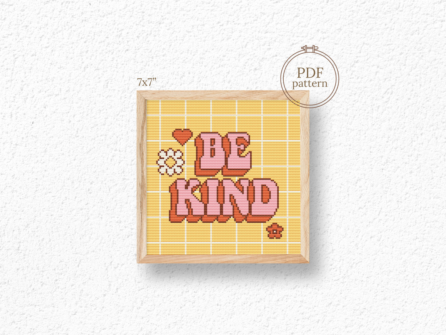Colorful trendy retro cross stitch pattern with "Be Kind" quote – vibrant embroidery PDF chart