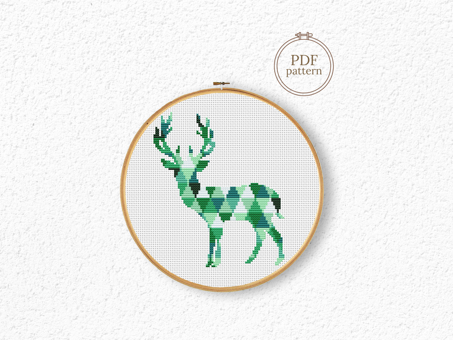 Geometric deer cross stitch pattern with triangle shapes, modern minimalist PDF design