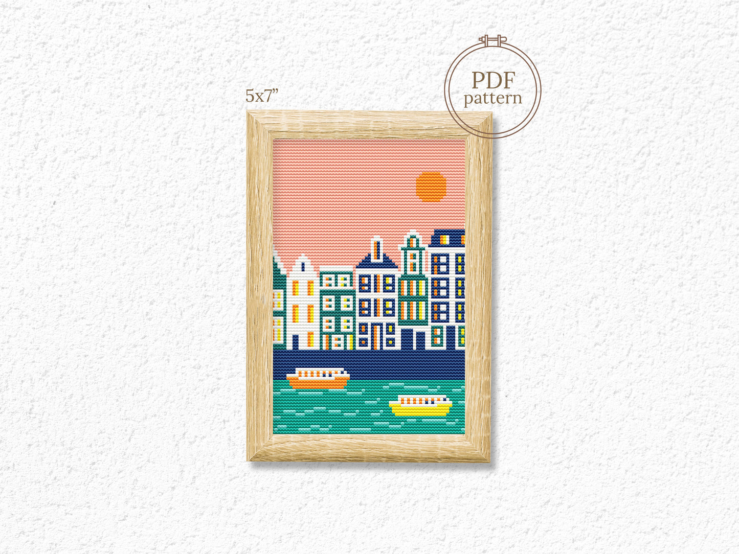 Amsterdam cityscape cross stitch pattern – modern PDF chart for travel lovers and handmade home decor