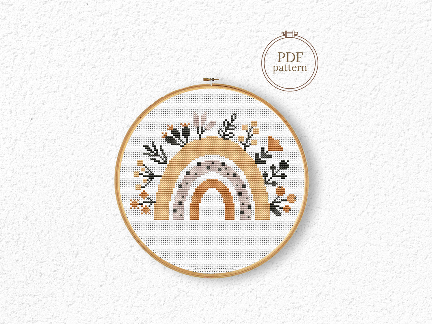 Autumn rainbow cross stitch pattern with fall leaves, cozy seasonal PDF embroidery design