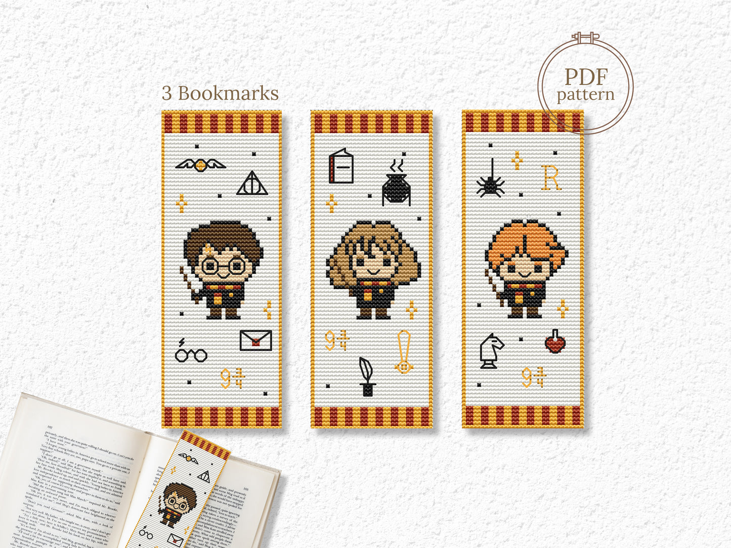 Wizard trio bookmarks cross stitch PDF – fantasy embroidery patterns of magical characters