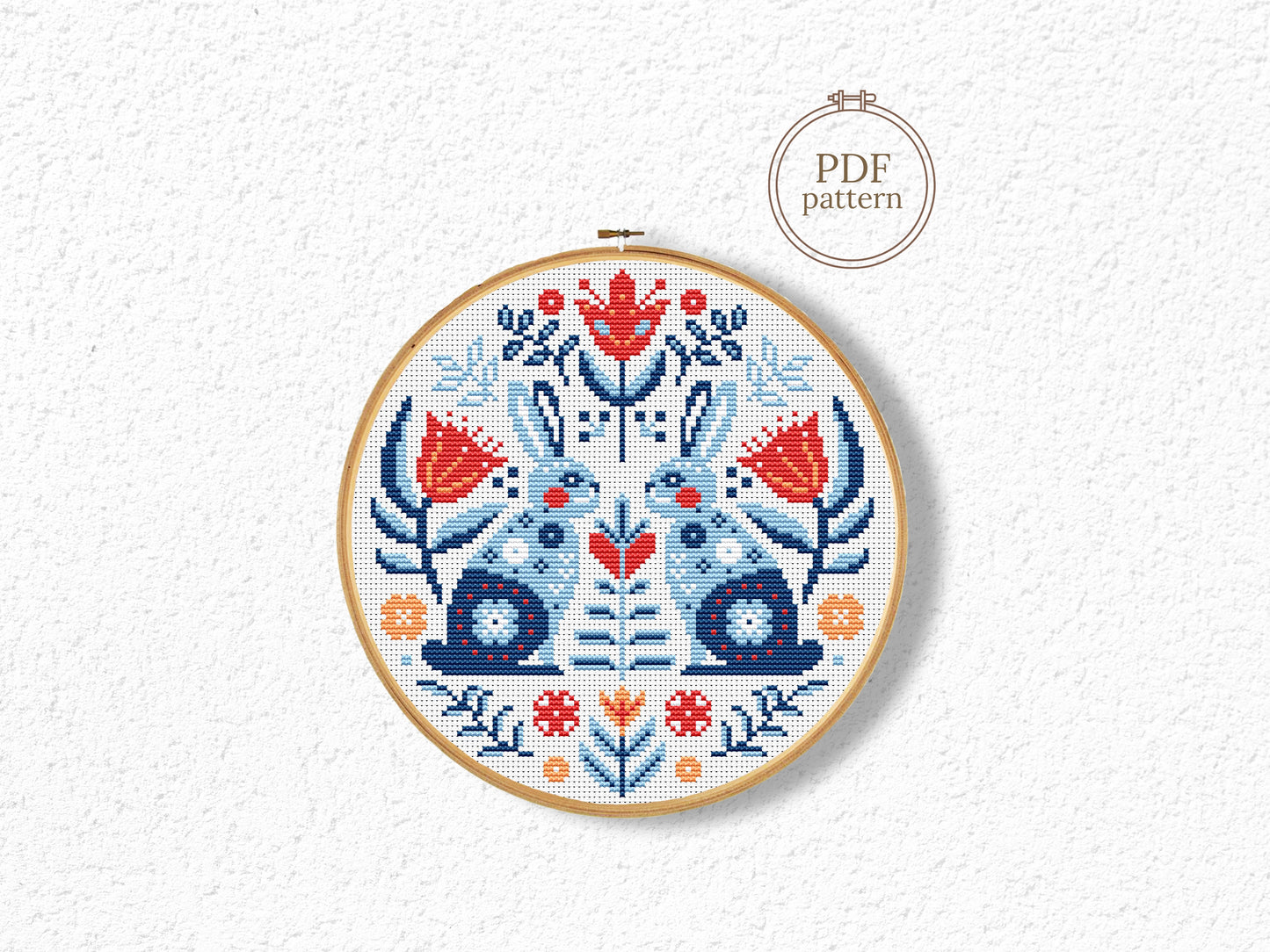 Folk rabbits Nordic cross stitch pattern, Scandinavian animal embroidery design
