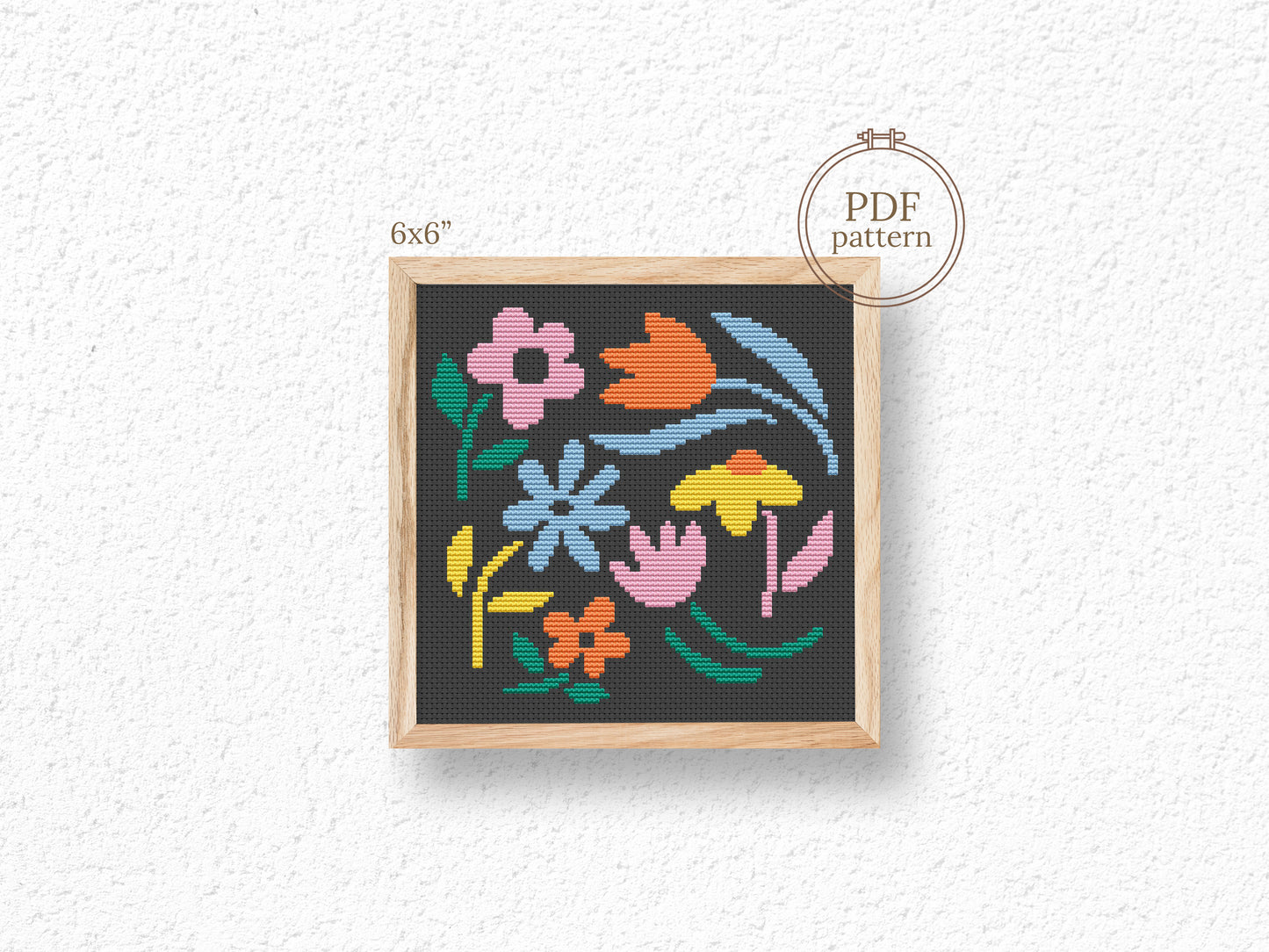 Abstract colorful flowers cross stitch pattern – modern PDF floral design on black canvas for hoop art and creative gifts