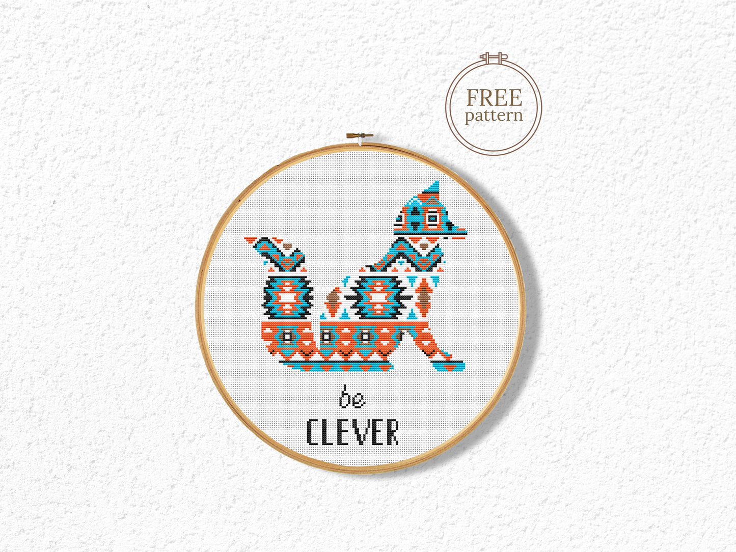 Tribal fox free cross stitch pattern, geometric woodland animal embroidery design