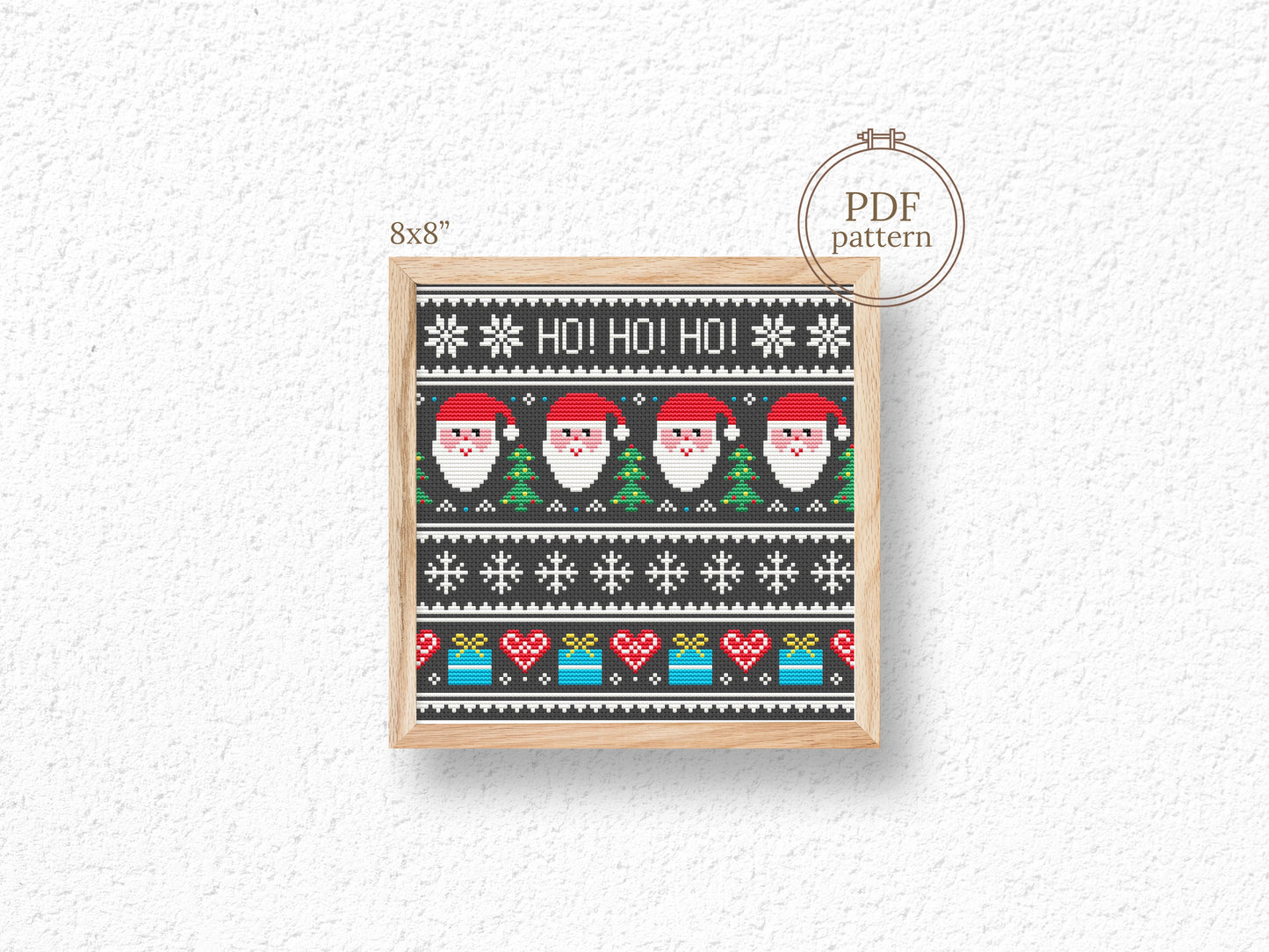 Christmas cross stitch pattern with ornaments and Santa, festive holiday embroidery design