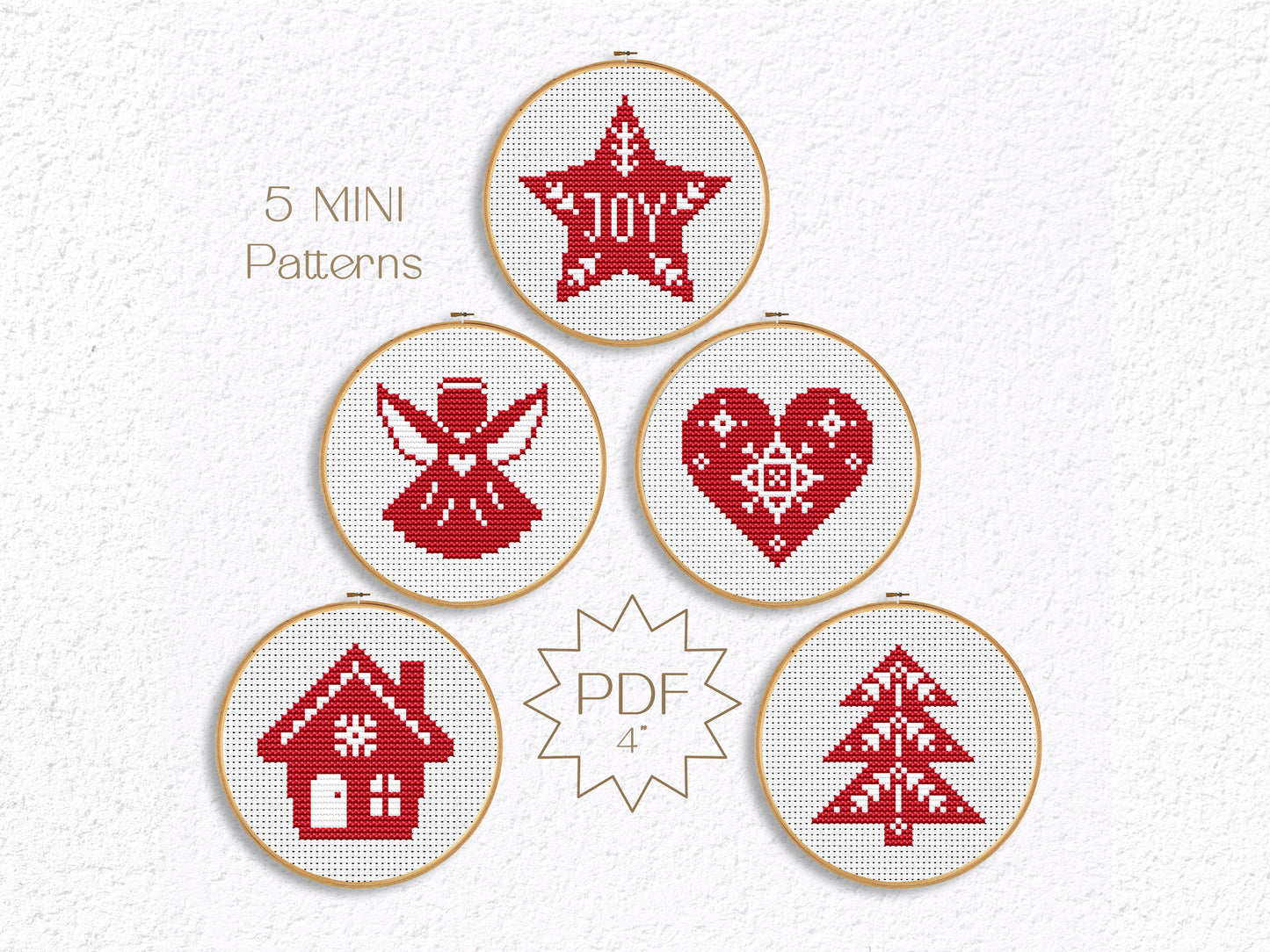 Set of 5 mini Christmas cross stitch patterns, festive holiday embroidery designs