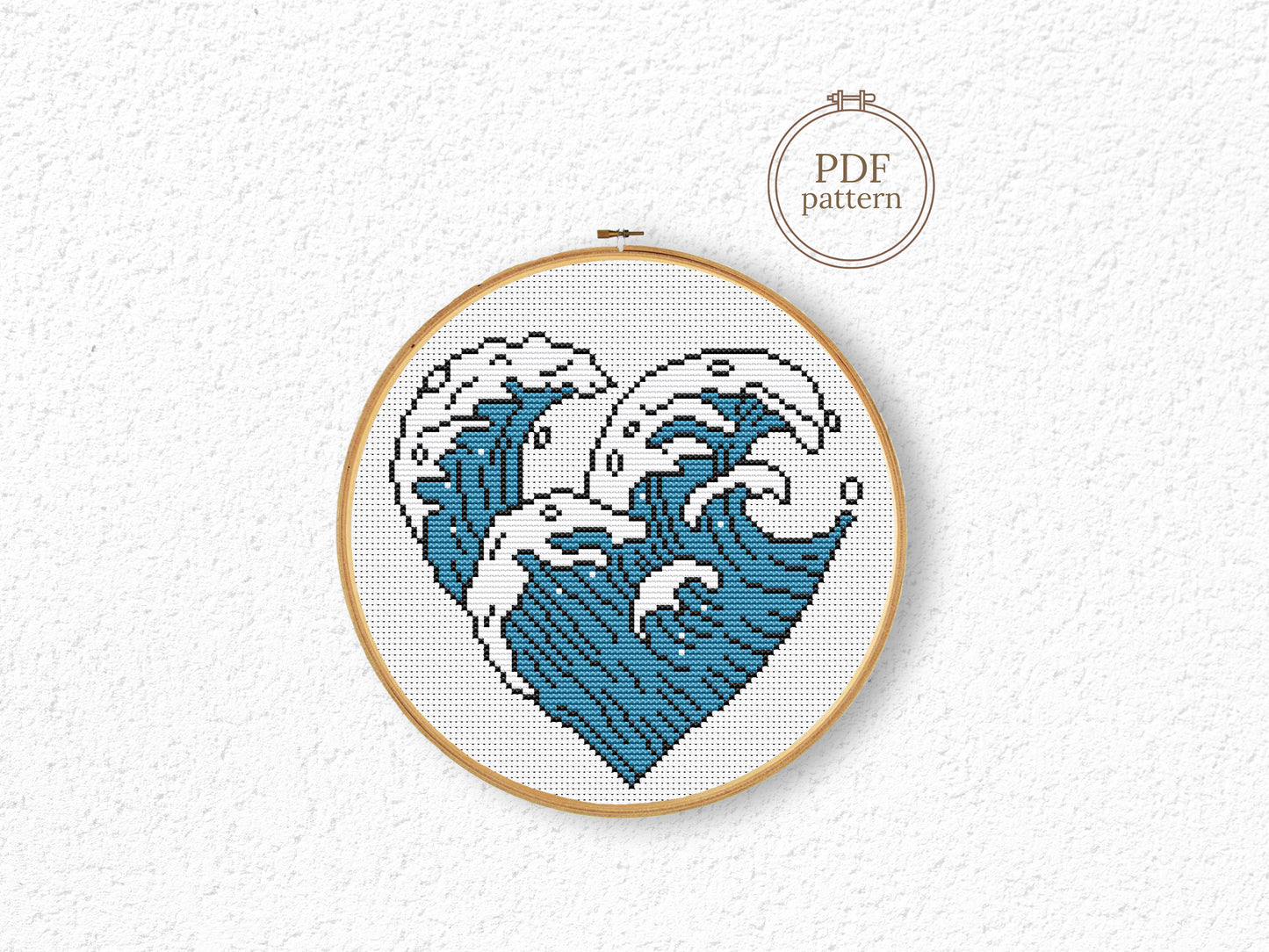 Cross stitch pattern with ocean wave in heart shape, minimalist coastal PDF design