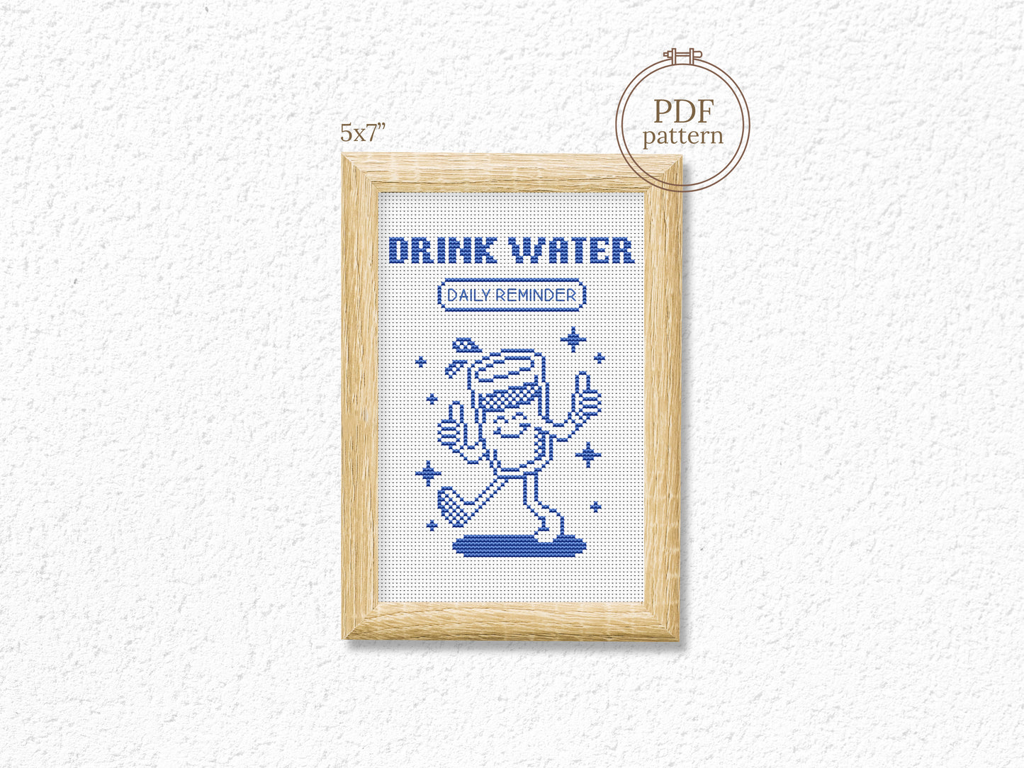Drink Water cross stitch pattern – cute cartoon glass with quote, hydration embroidery PDF