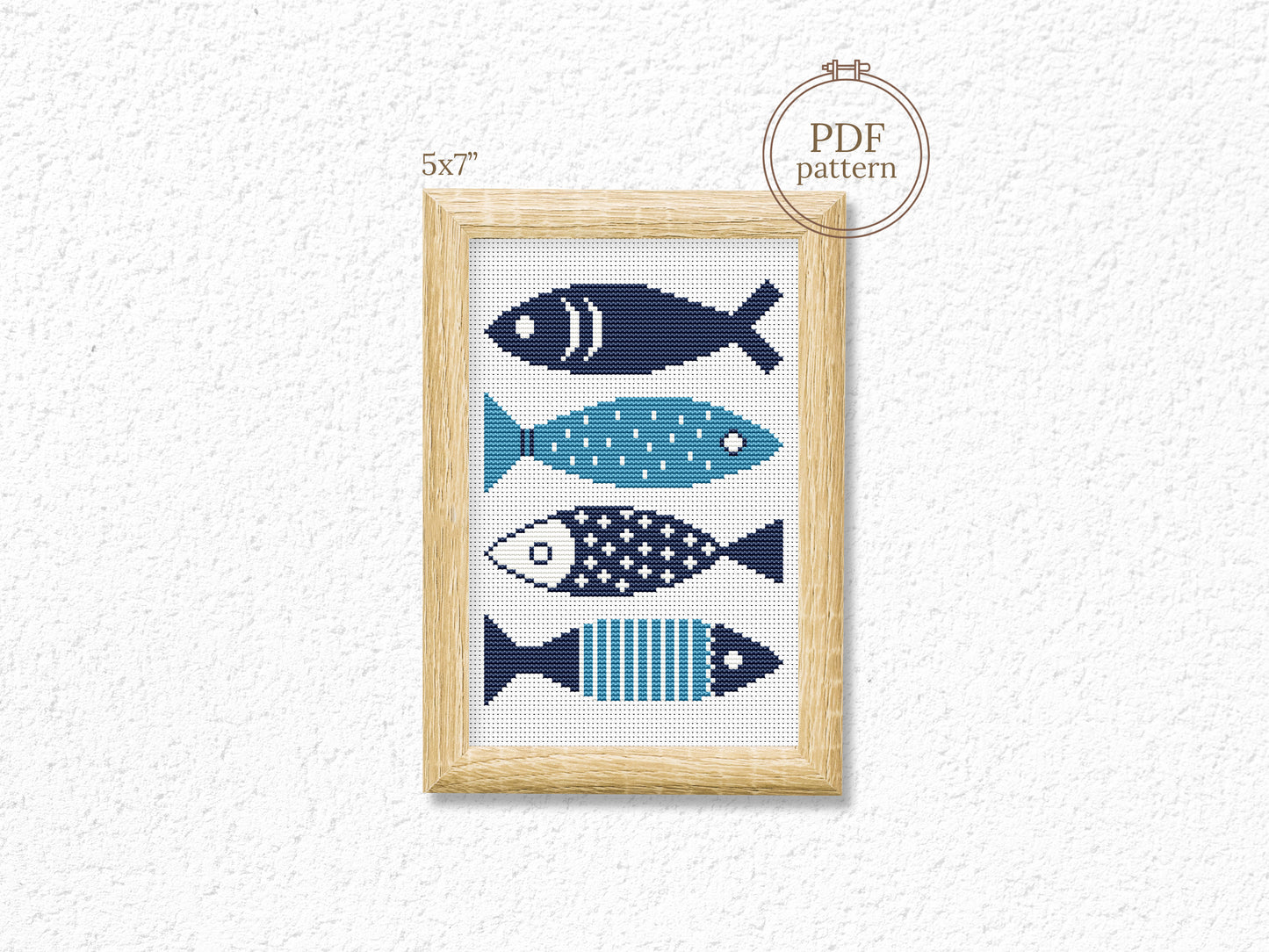 Abstract blue fishes cross stitch pattern – minimalist modern summer embroidery design PDF for ocean-themed decor