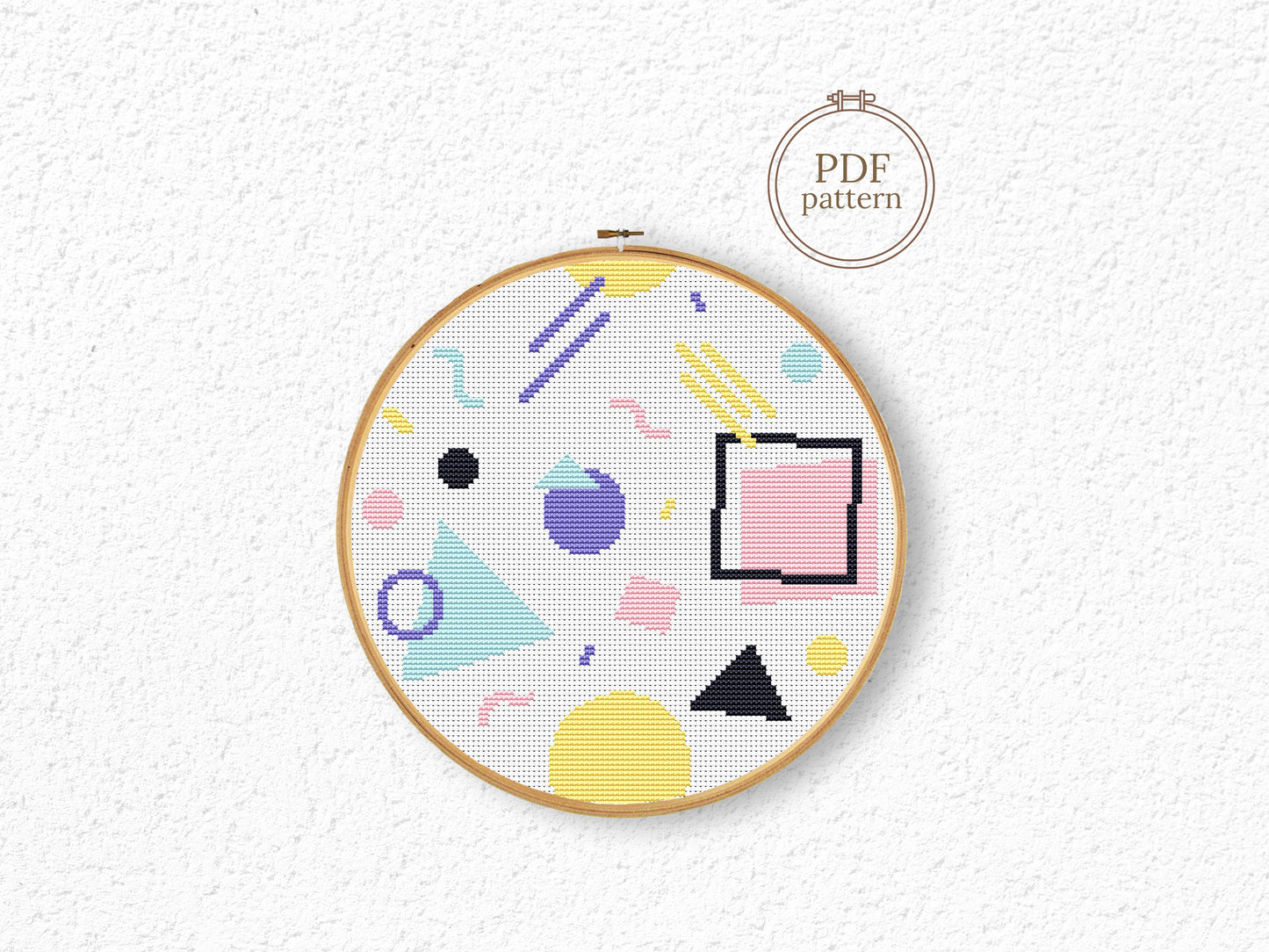 Memphis style abstract geometric shapes cross stitch pattern