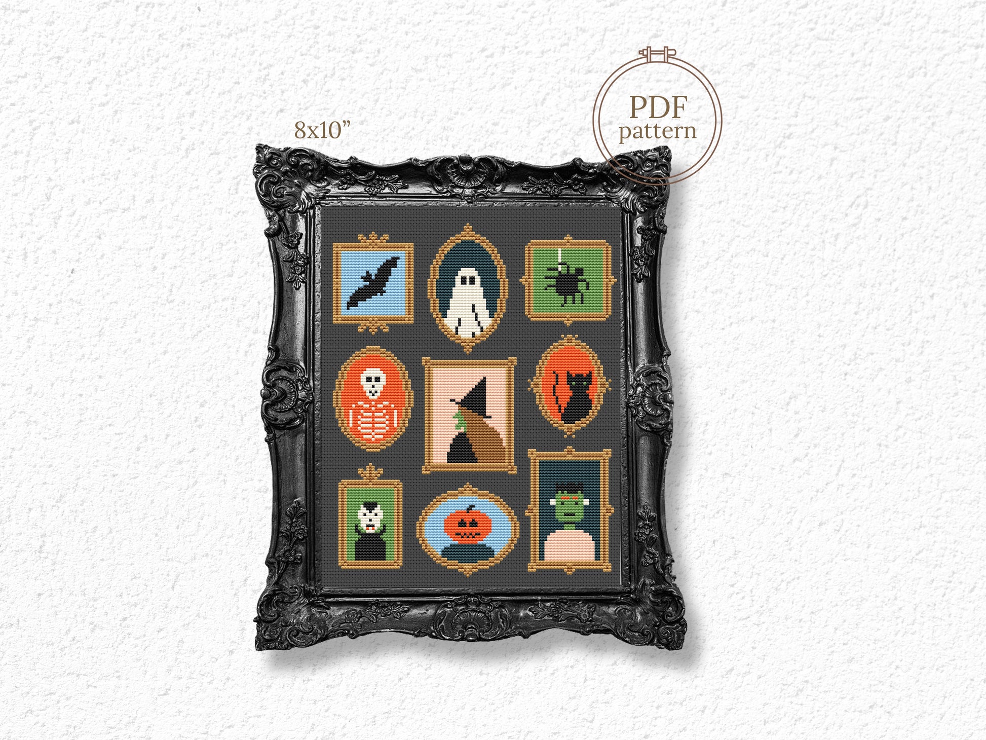 Halloween symbols in frames cross stitch pattern, spooky embroidery design