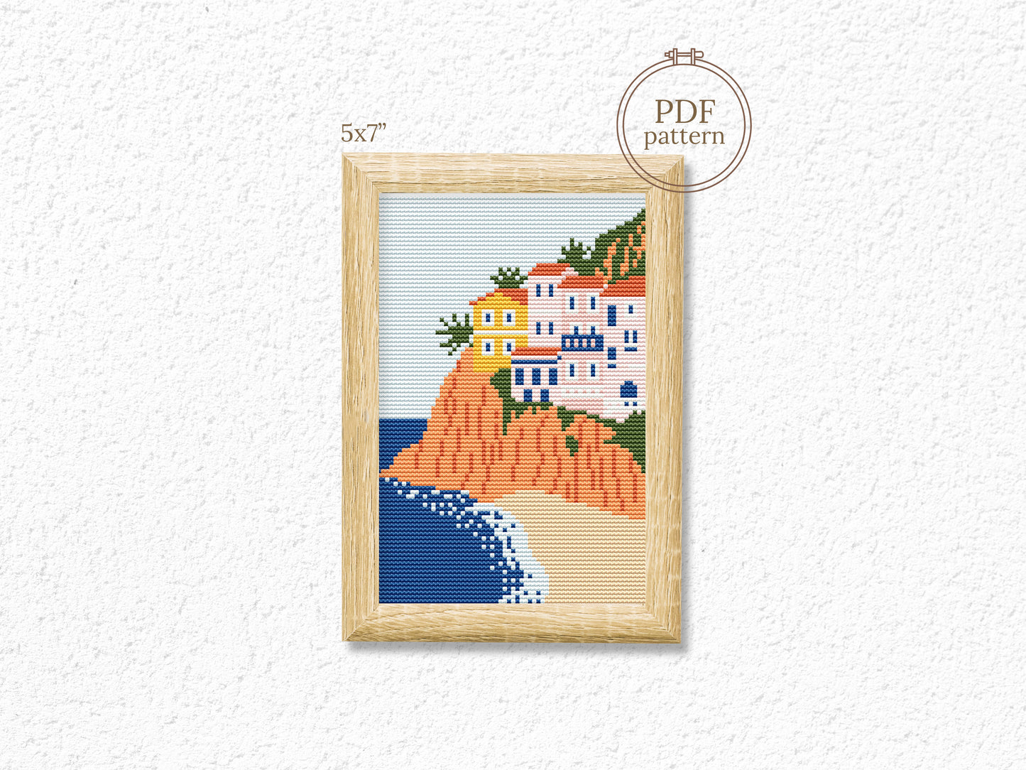 Italy coast cross stitch pattern – Mediterranean seaside embroidery PDF, Italian travel landscape design