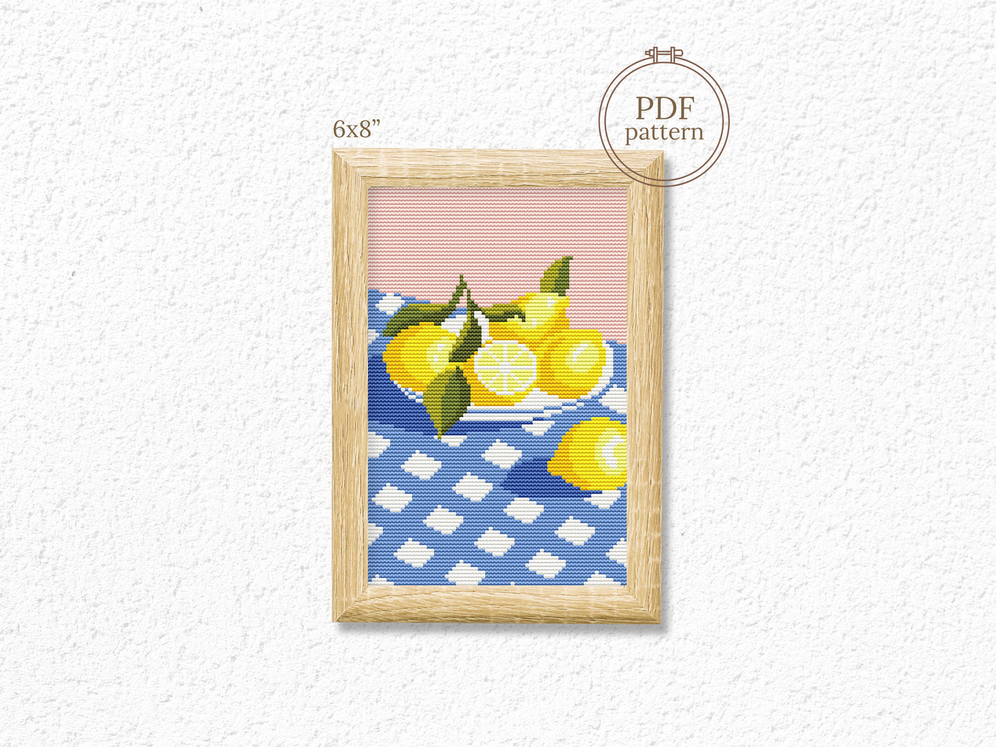 Summer cross stitch pattern with lemons on a plate – modern citrus embroidery PDF design