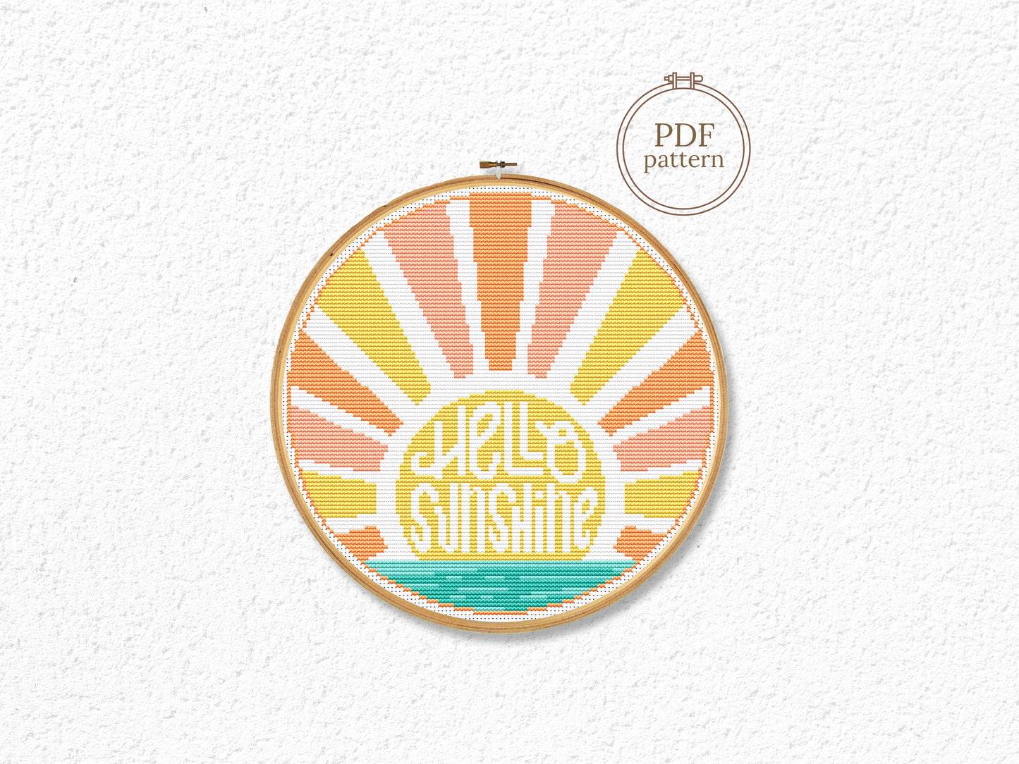 Hello Sunshine cross stitch pattern – summer surf beach quote PDF design