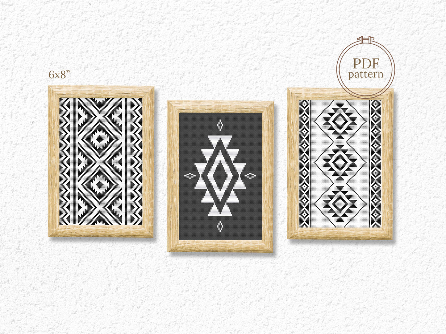Set of three black and white tribal boho cross stitch patterns with geometric shapes