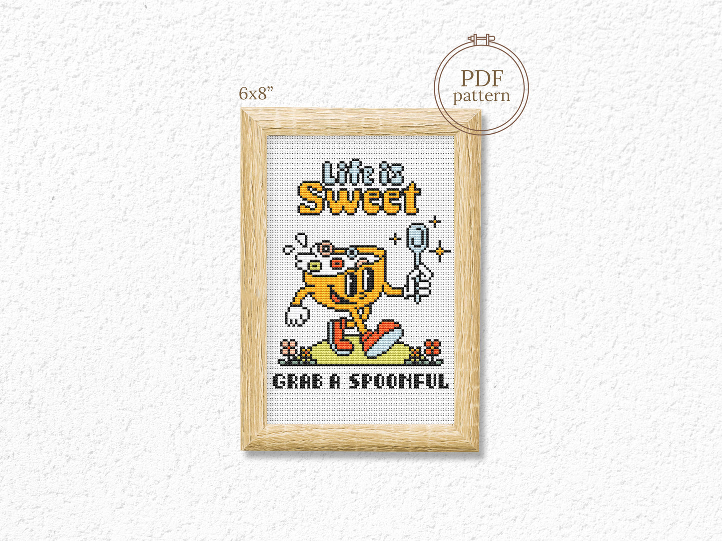Life Is Sweet cross stitch pattern – funny retro quote embroidery PDF with trendy colors, positive modern wall decor