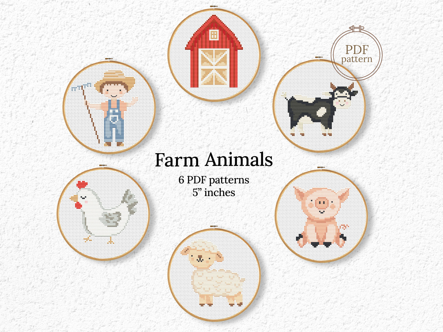 Set of 6 farm animal cross stitch patterns – cow, pig, sheep, chicken, horse, and duck – PDF embroidery charts for kids