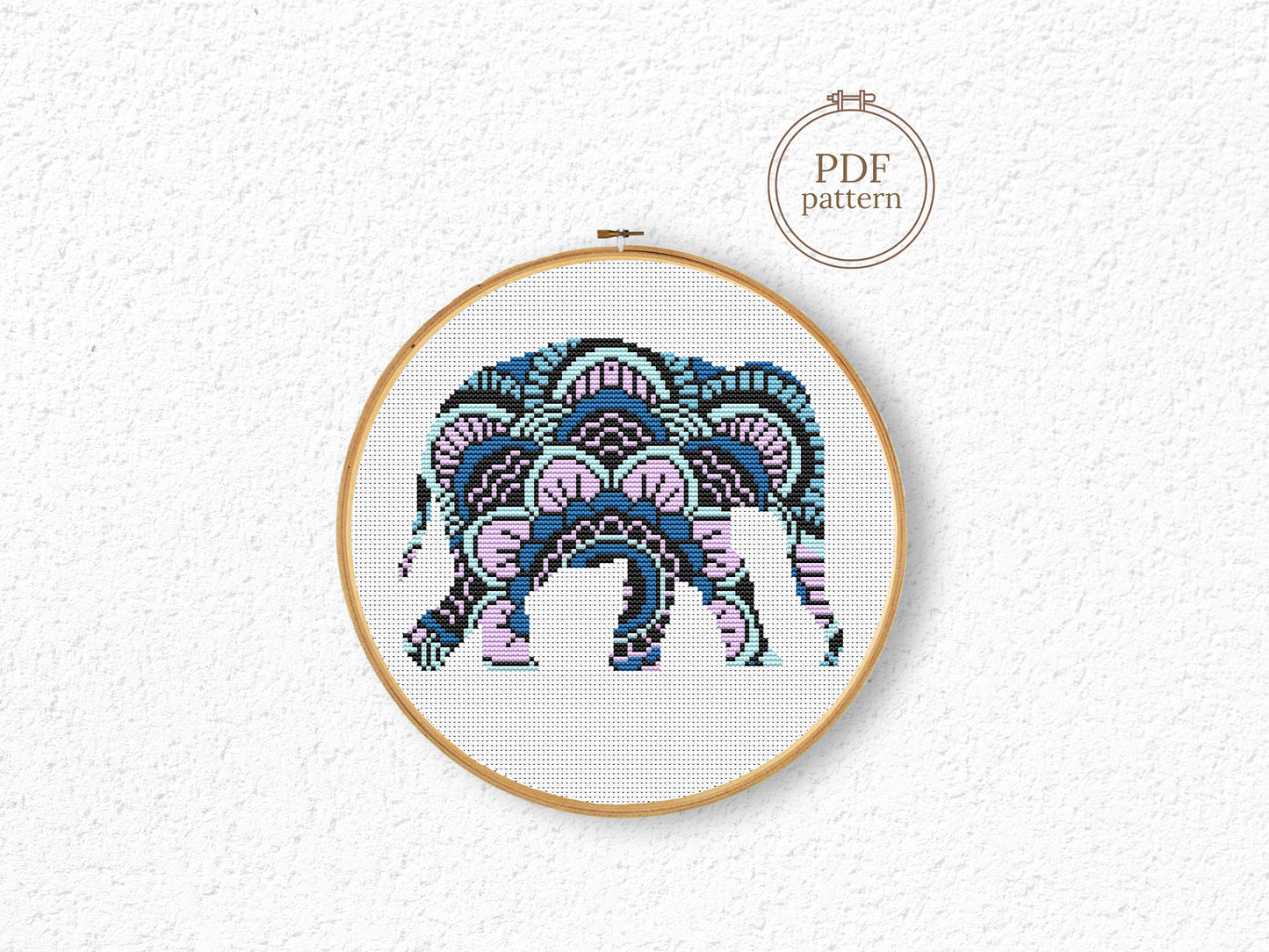 Mandala elephant cross stitch pattern with ornamental design