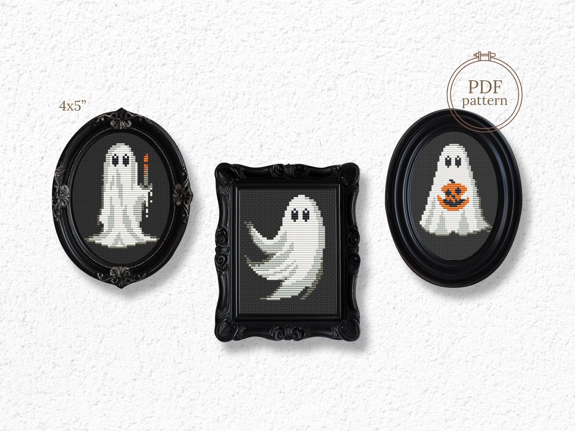 Set of 3 ghosts Halloween cross stitch patterns, spooky embroidery designs