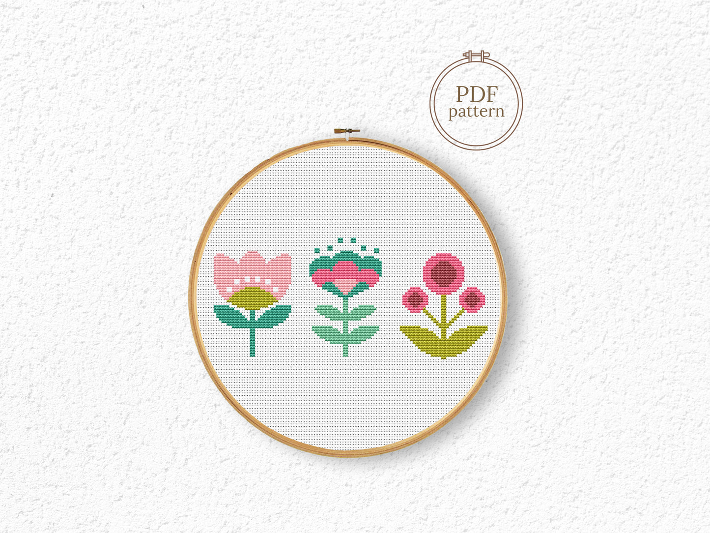 Three simple flowers cross stitch pattern with minimal floral design