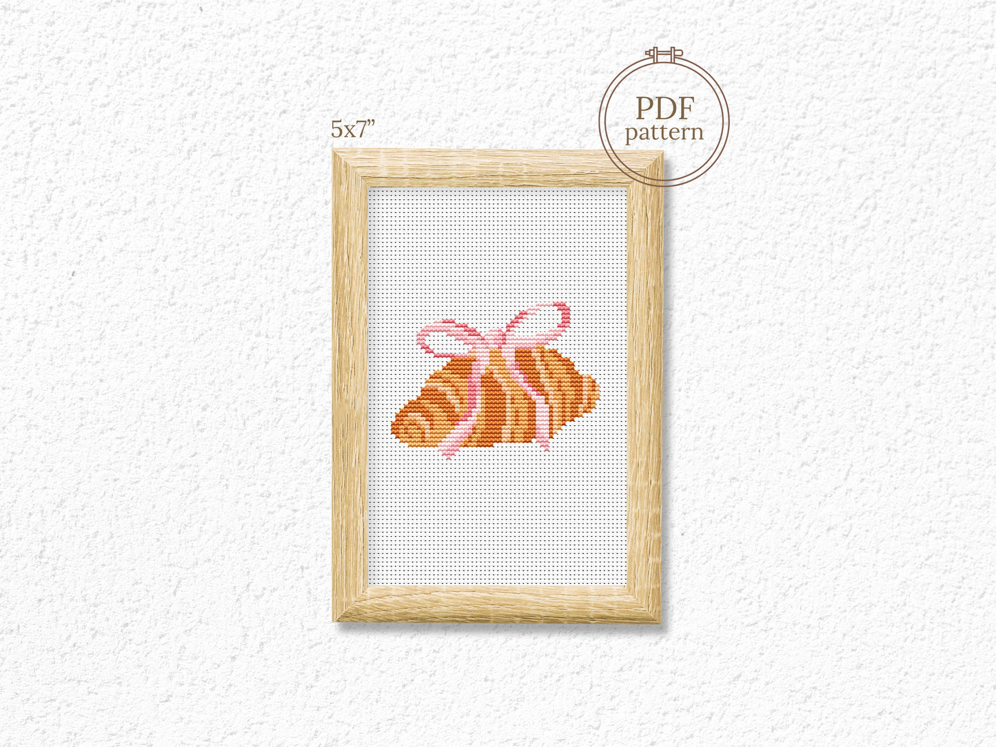 croissant cross stitch pattern with pink bow, French bakery embroidery design, modern kitchen decor chart, digital PDF download
